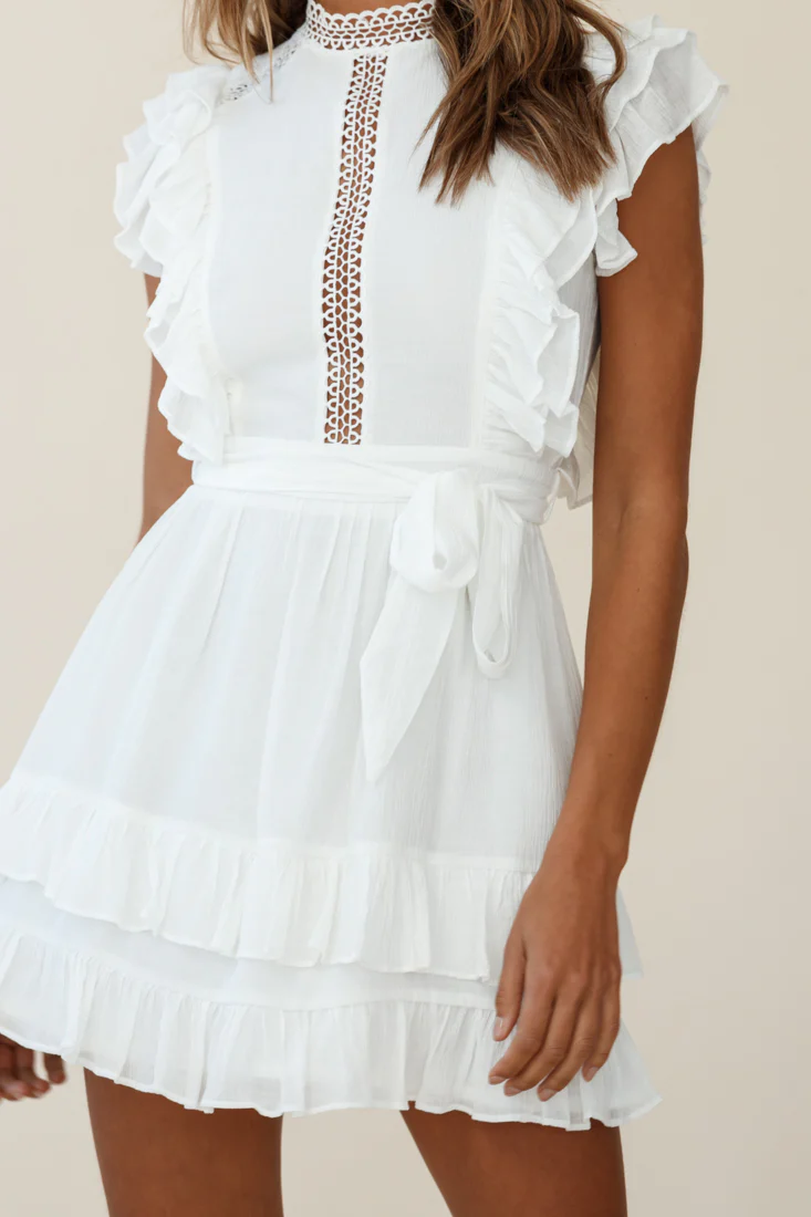 Oakland High Neck Ruffle Detail Dress White