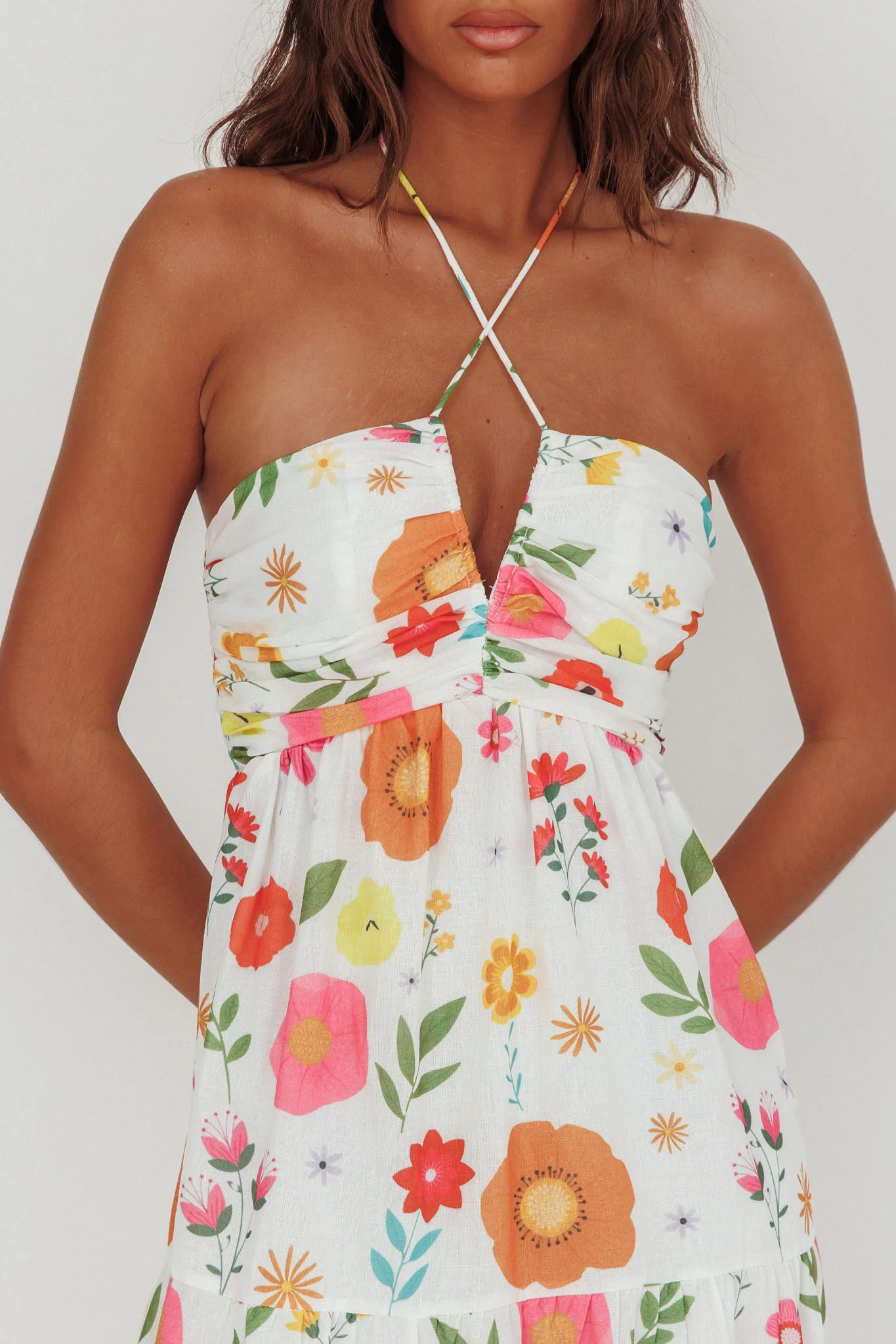 Asiah Gathered Bust Halterneck Maxi Dress Floral White