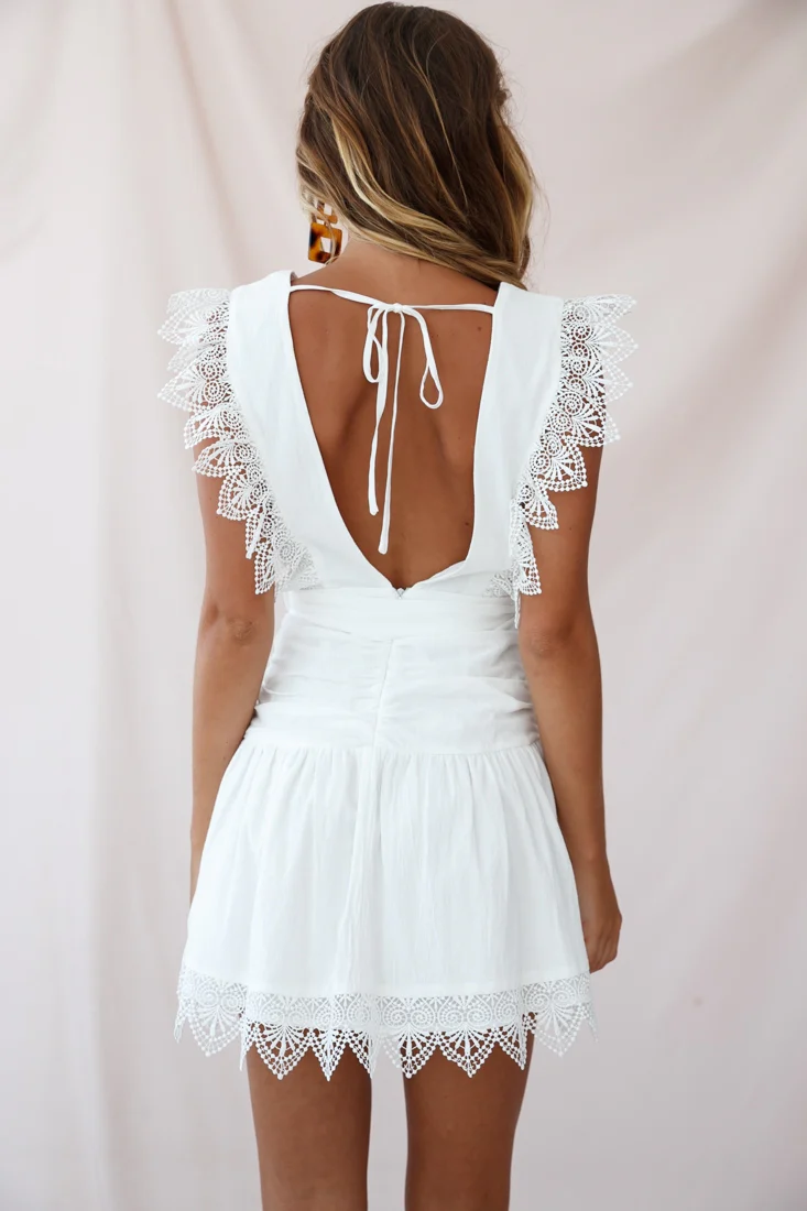 Juliet Gathered Detail Lace Trim Dress White