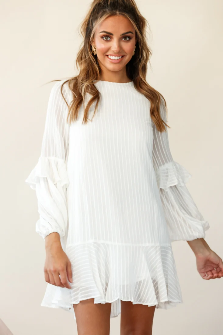 Cate Crew Neckline Balloon Sleeve Frill Dress White