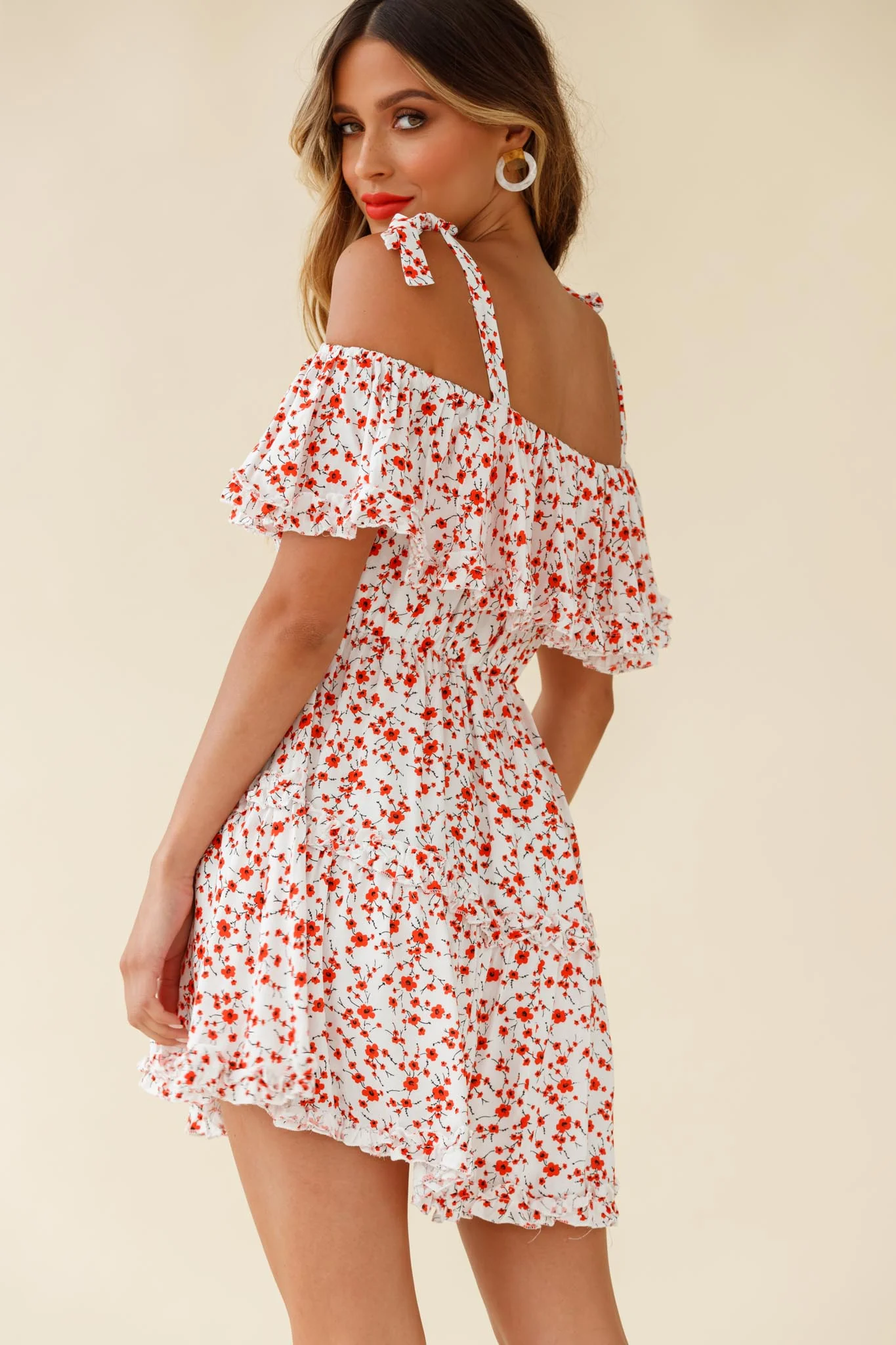 Hacienda Bardot Neckline Frill Dress Floral Print White