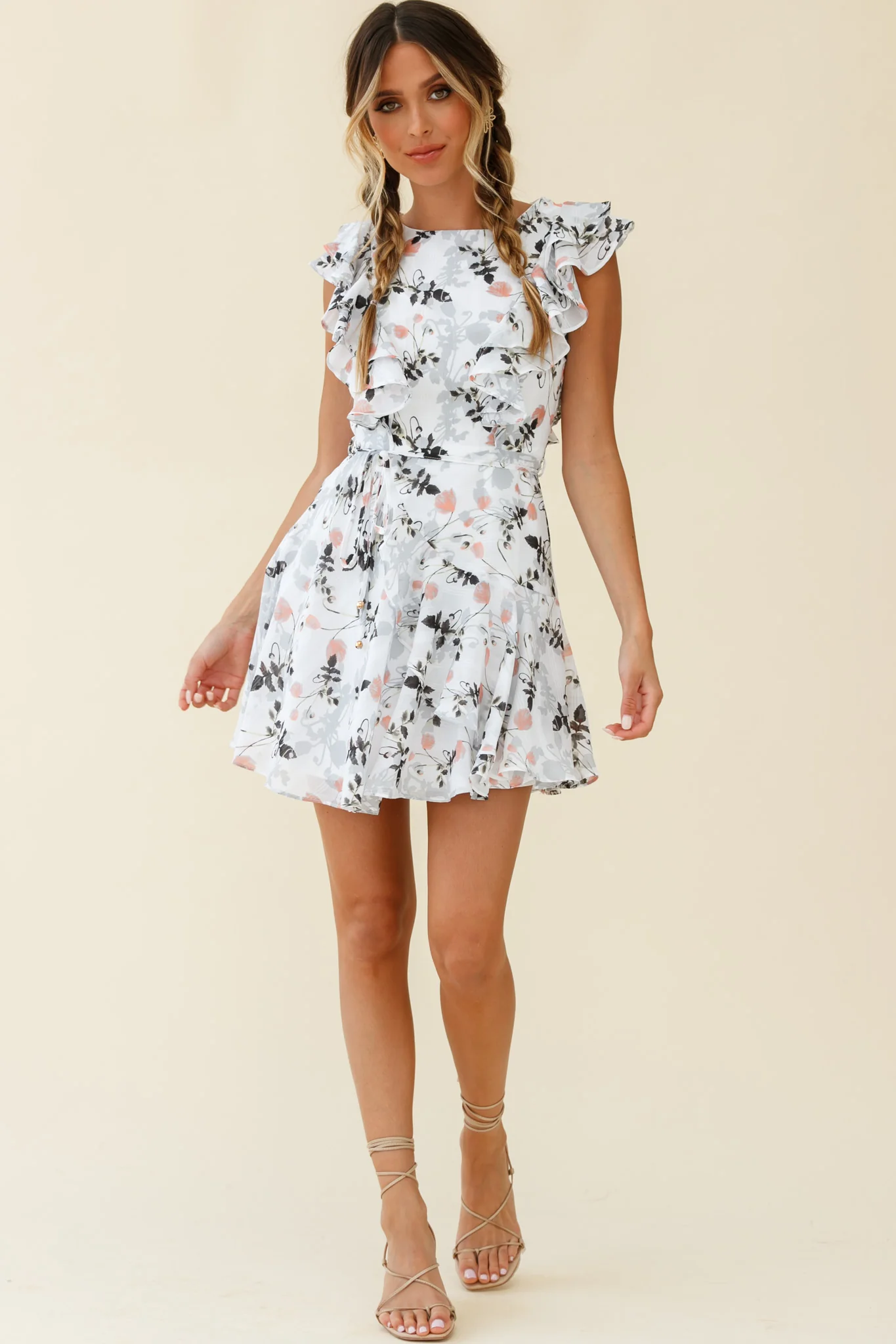 Wilton Ruffle Shoulder A-Line Dress Floral Print White