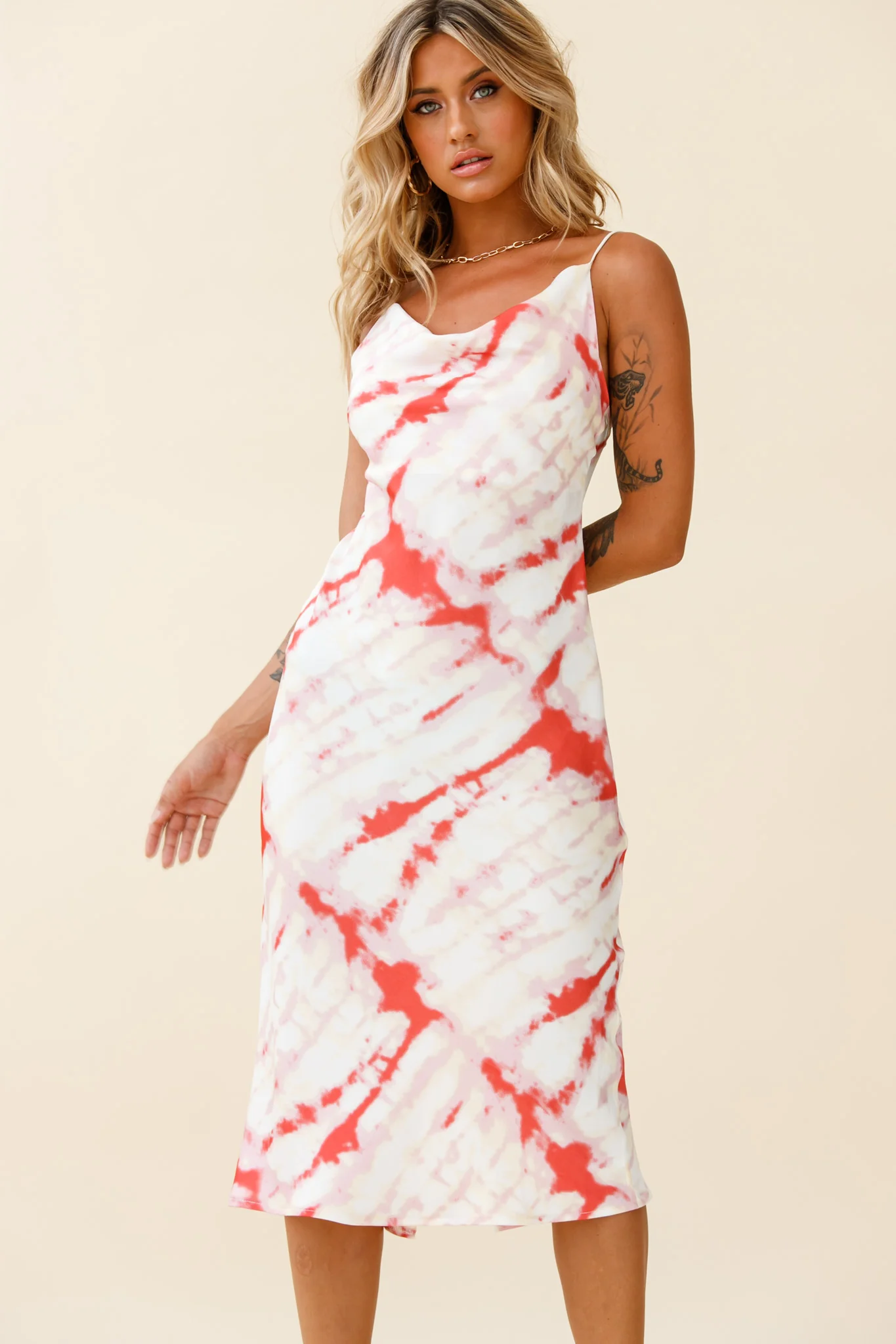 Show Me Love Cowl Neck Midi Dress Tie-Dye Red
