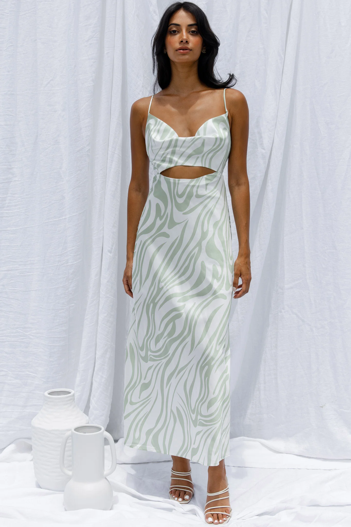 Jasper Cowl Neck Cut-Out Drawstring Back Midi Dress Zebra Print Lime