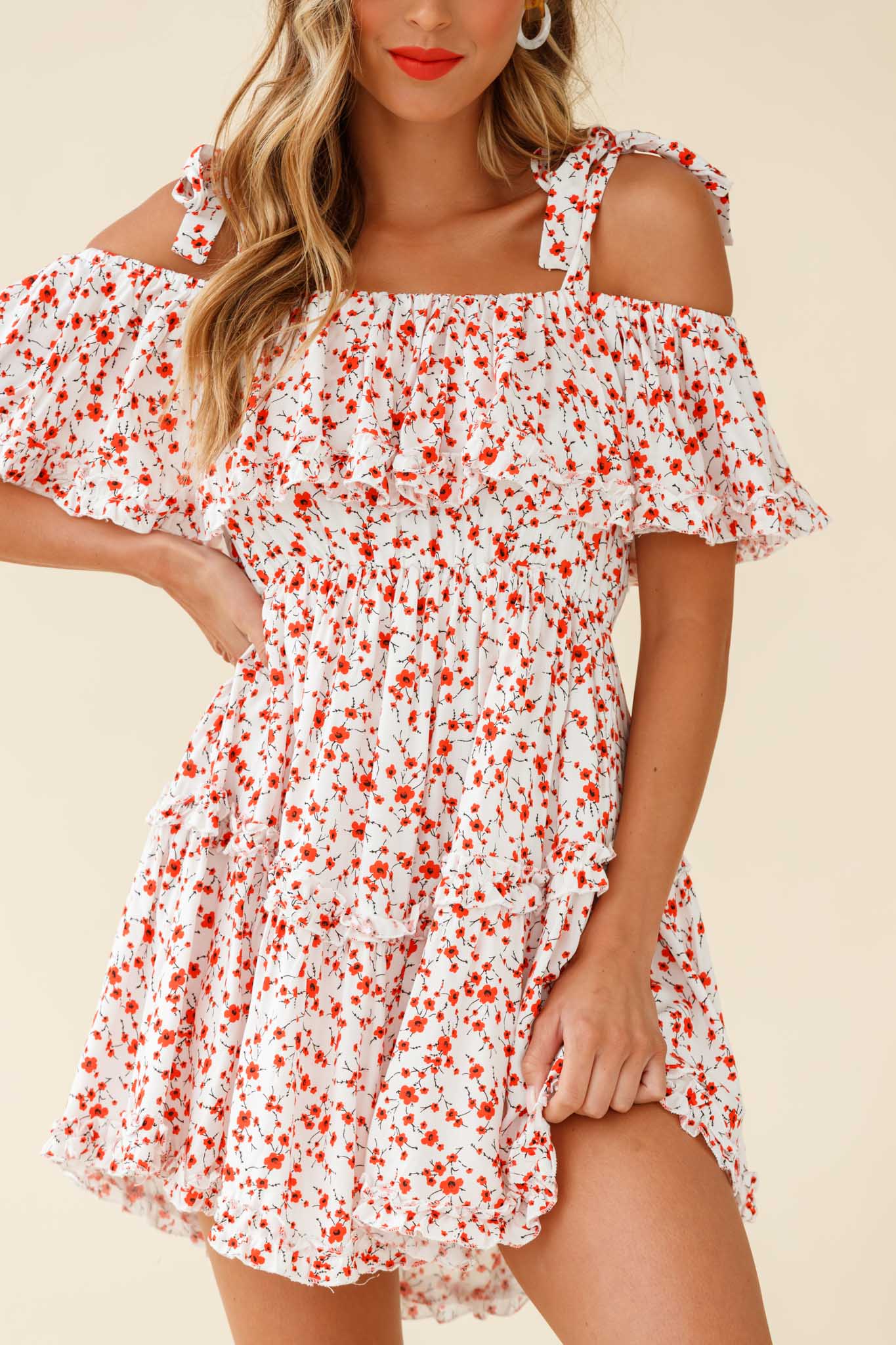 Hacienda Bardot Neckline Frill Dress Floral Print White