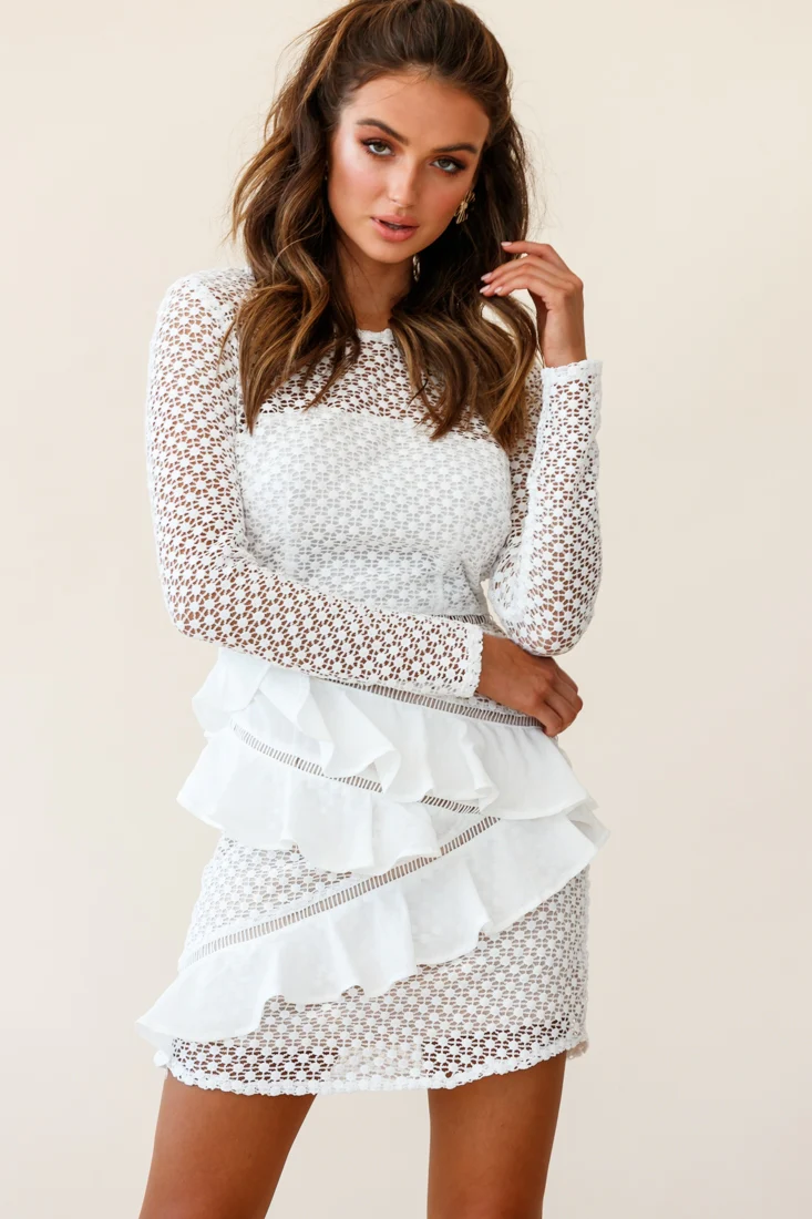 Aramis Long Sleeve Lace & Ruffle Detail Dress White