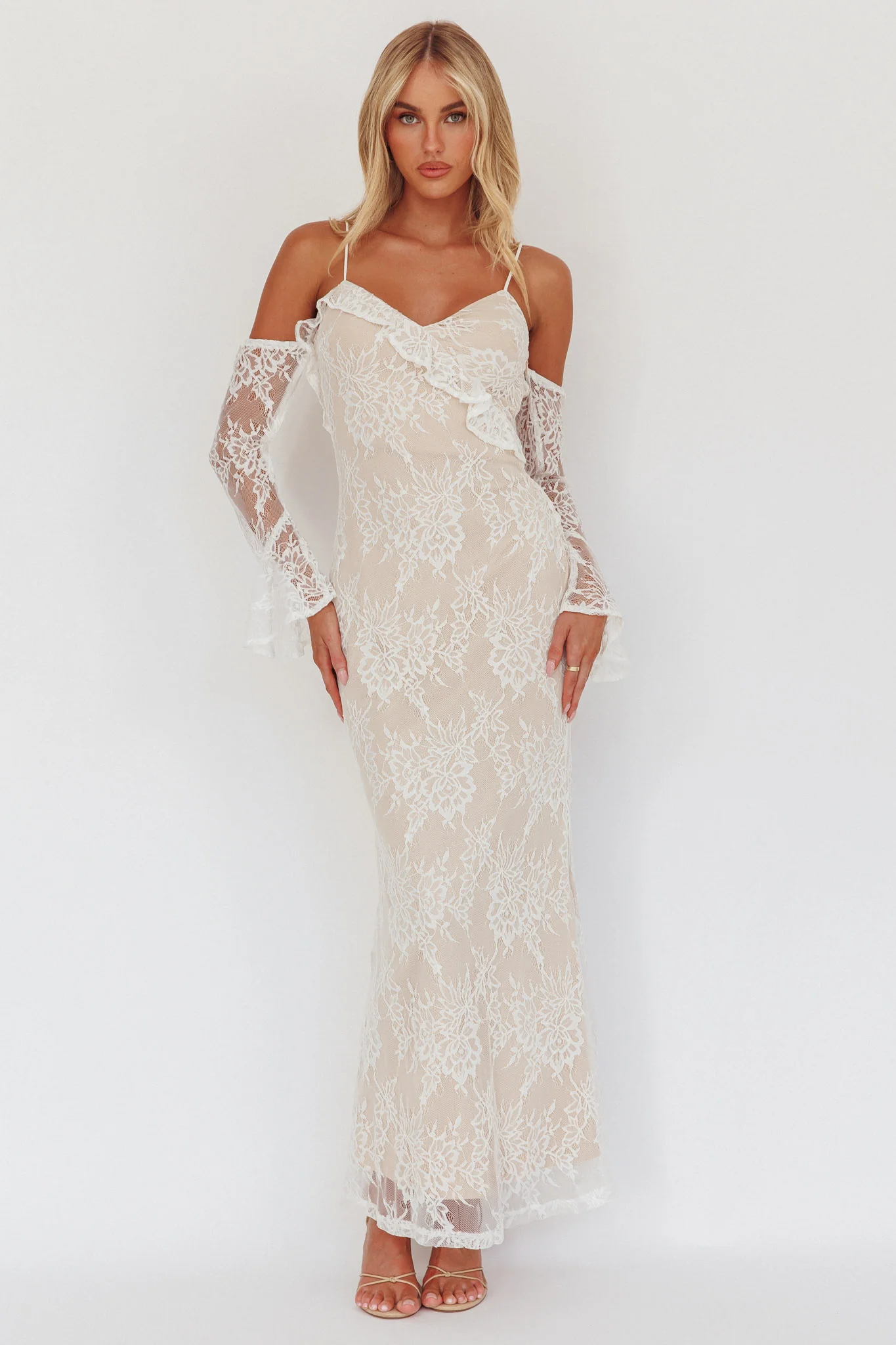 Zarah Off-Shoulder Sleeve Lace Maxi Dress White