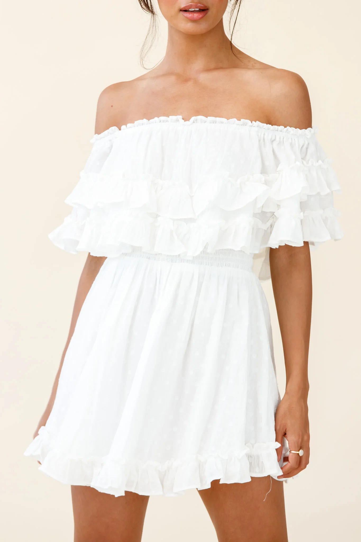Meet Me At Sunset Bardot Neckline Frill Trim Dress Spotty White