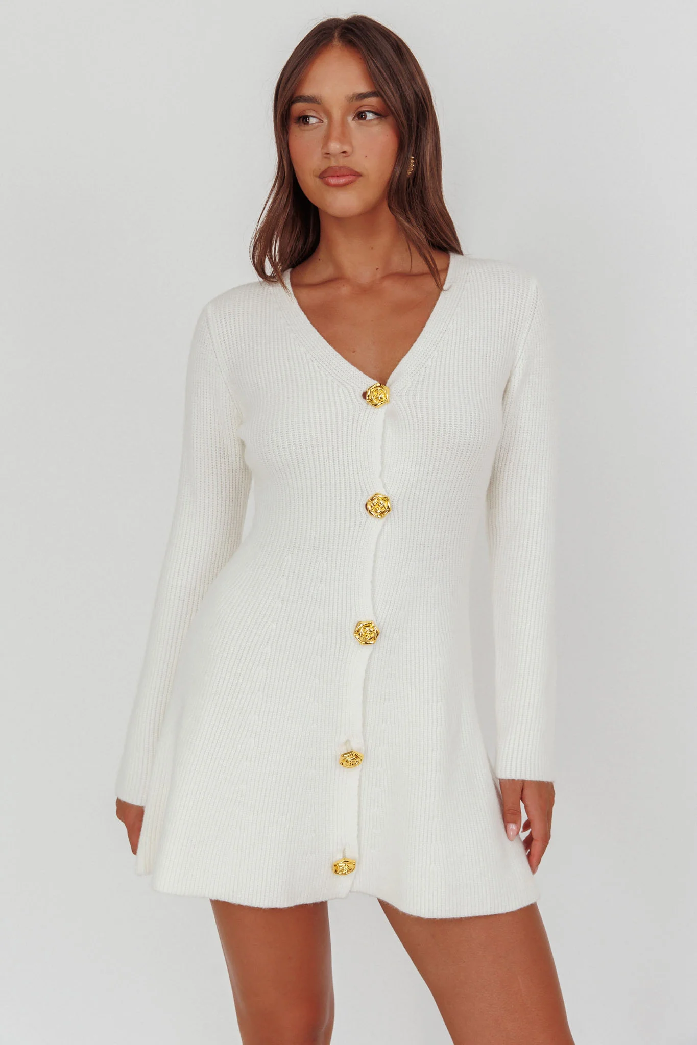 Irma Gold Button Knit Mini Dress White