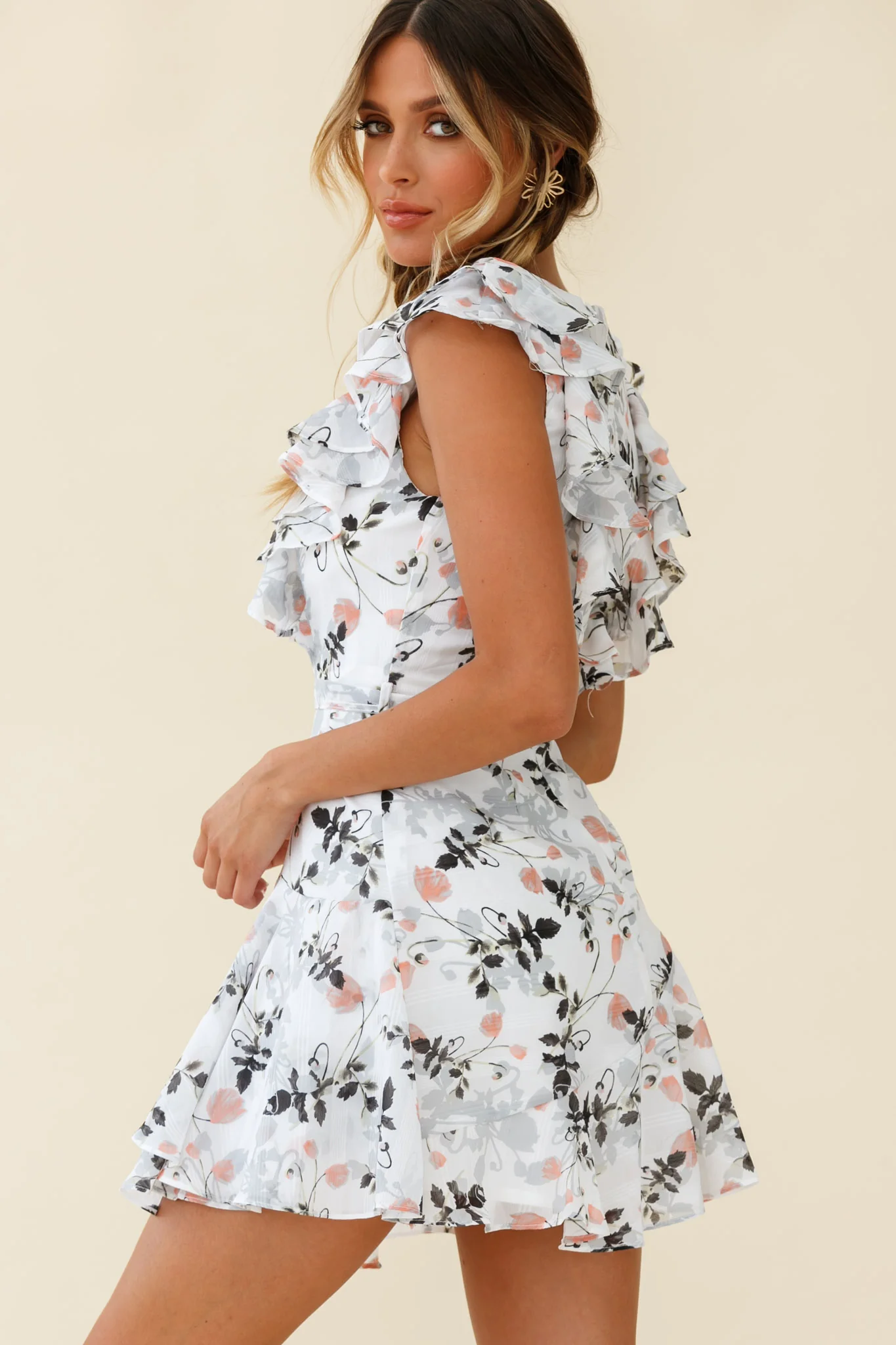 Wilton Ruffle Shoulder A-Line Dress Floral Print White