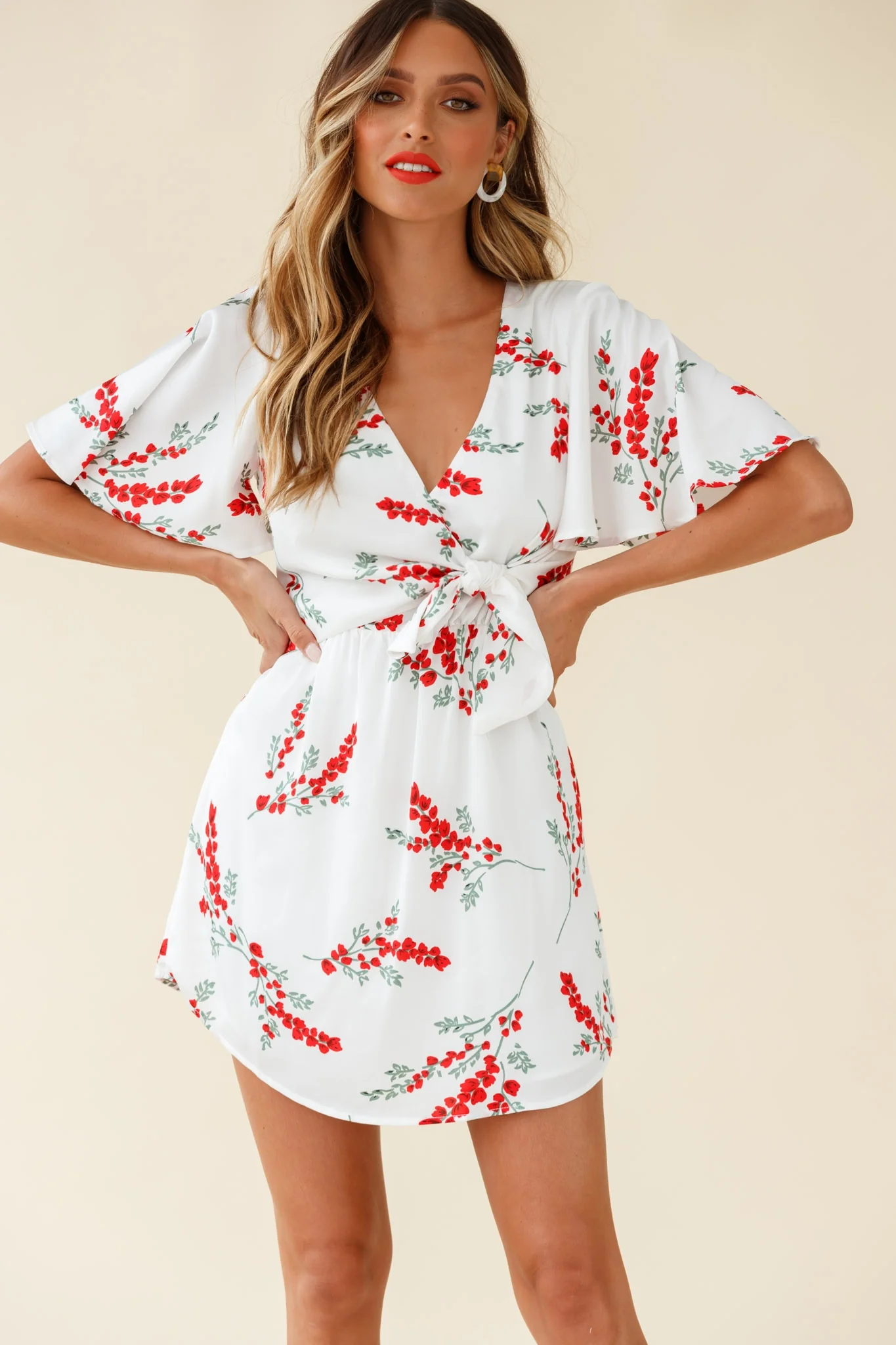 Stealing Hearts Flutter Sleeve Wrap Front Dress Floral Print White