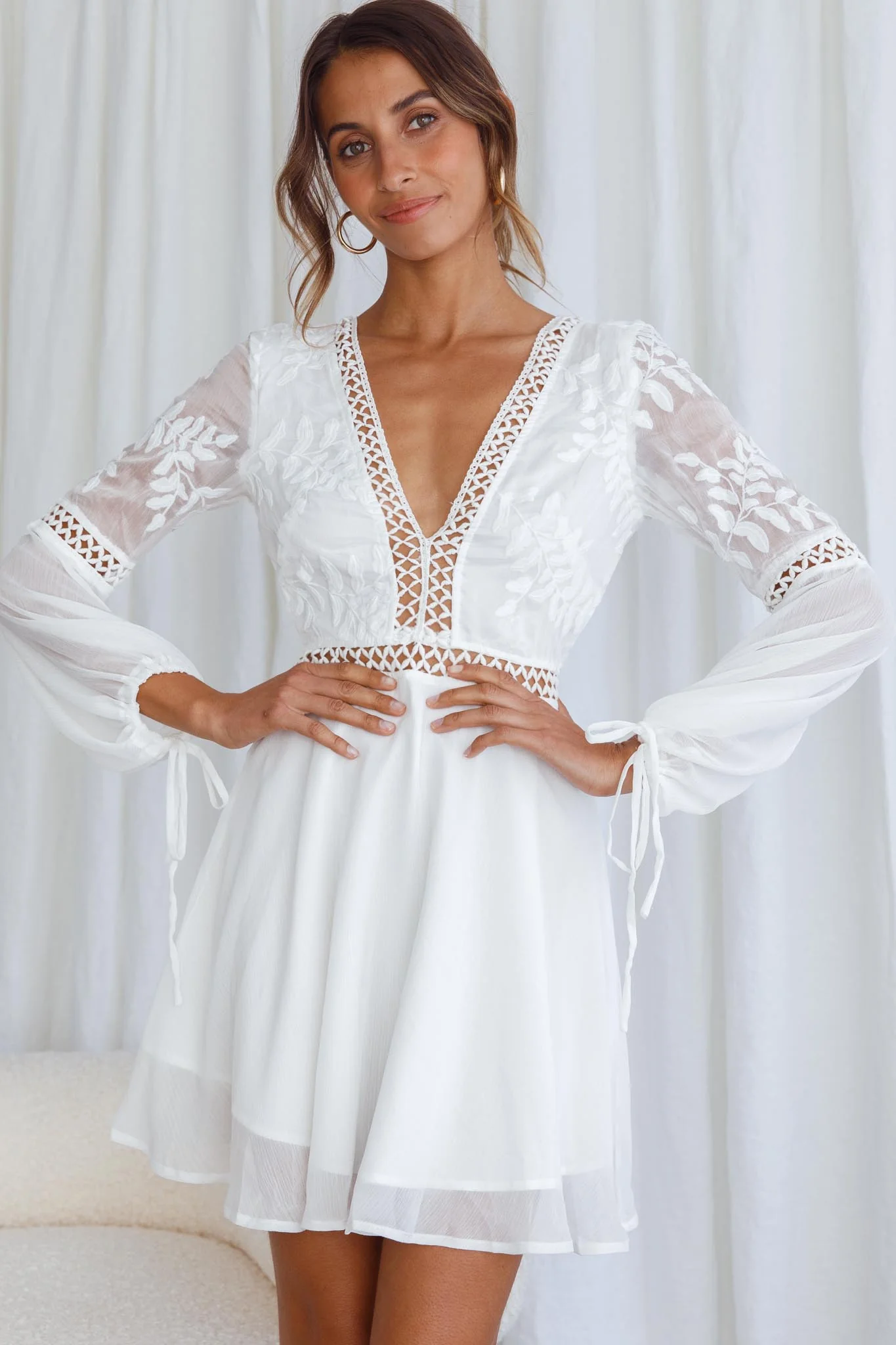 Carson Crochet Bell Sleeve Dress White
