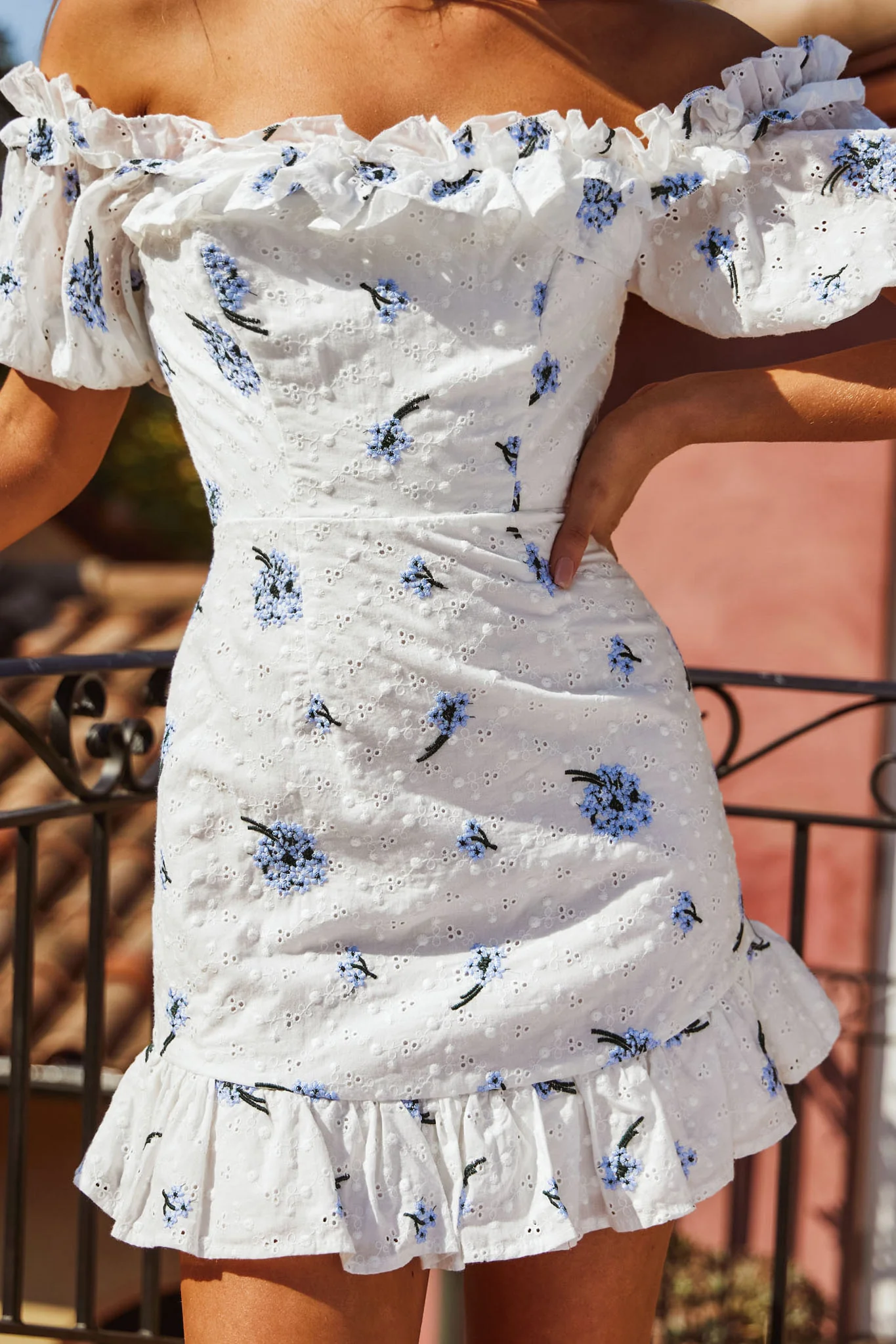 Morning Song Off-Shoulder Frill Trim Embroidery Dress Floral Print Blue