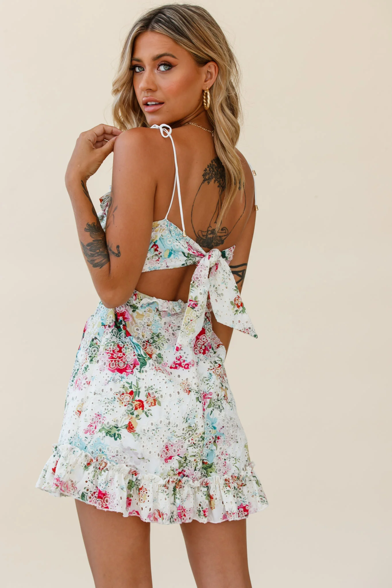 Frill Seeker Eyelet Embroidery Tied Back Dress Floral Print Multi