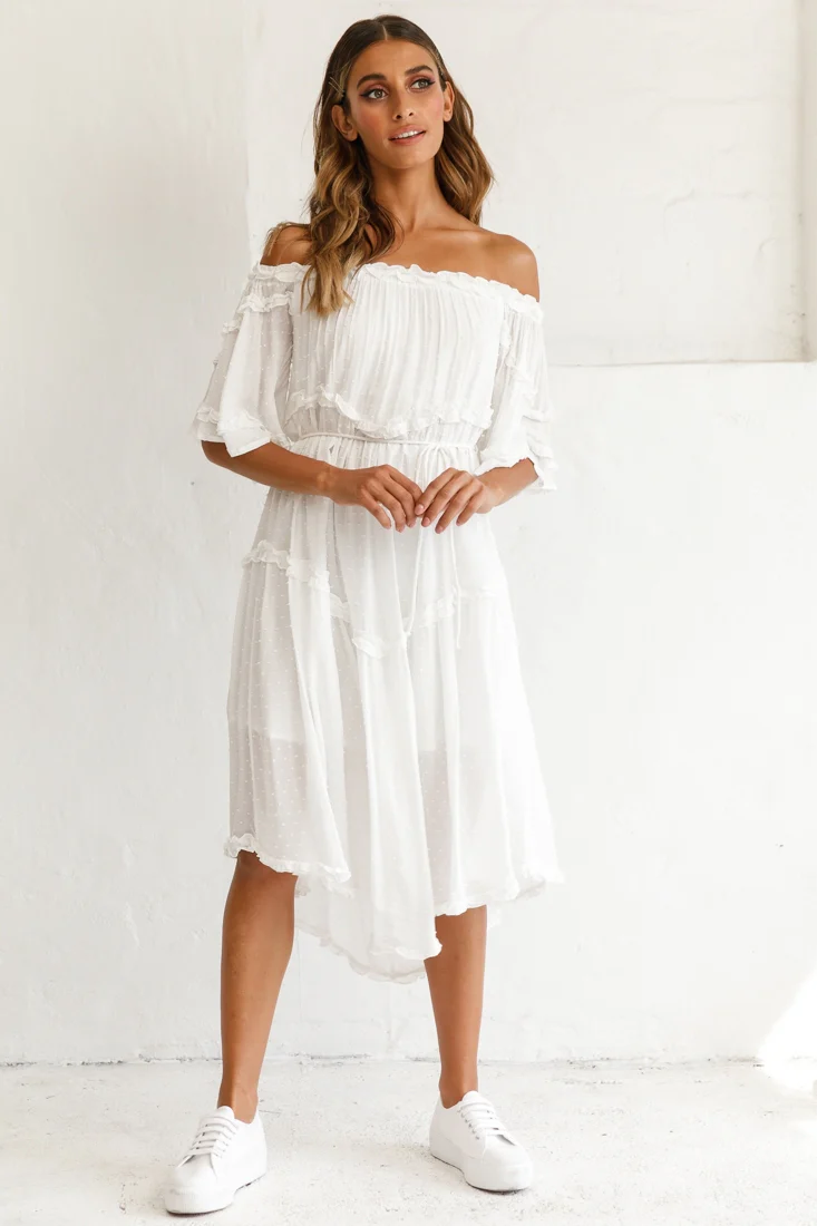 Renoir Off-Shoulder Frill Trim Midi Dress White