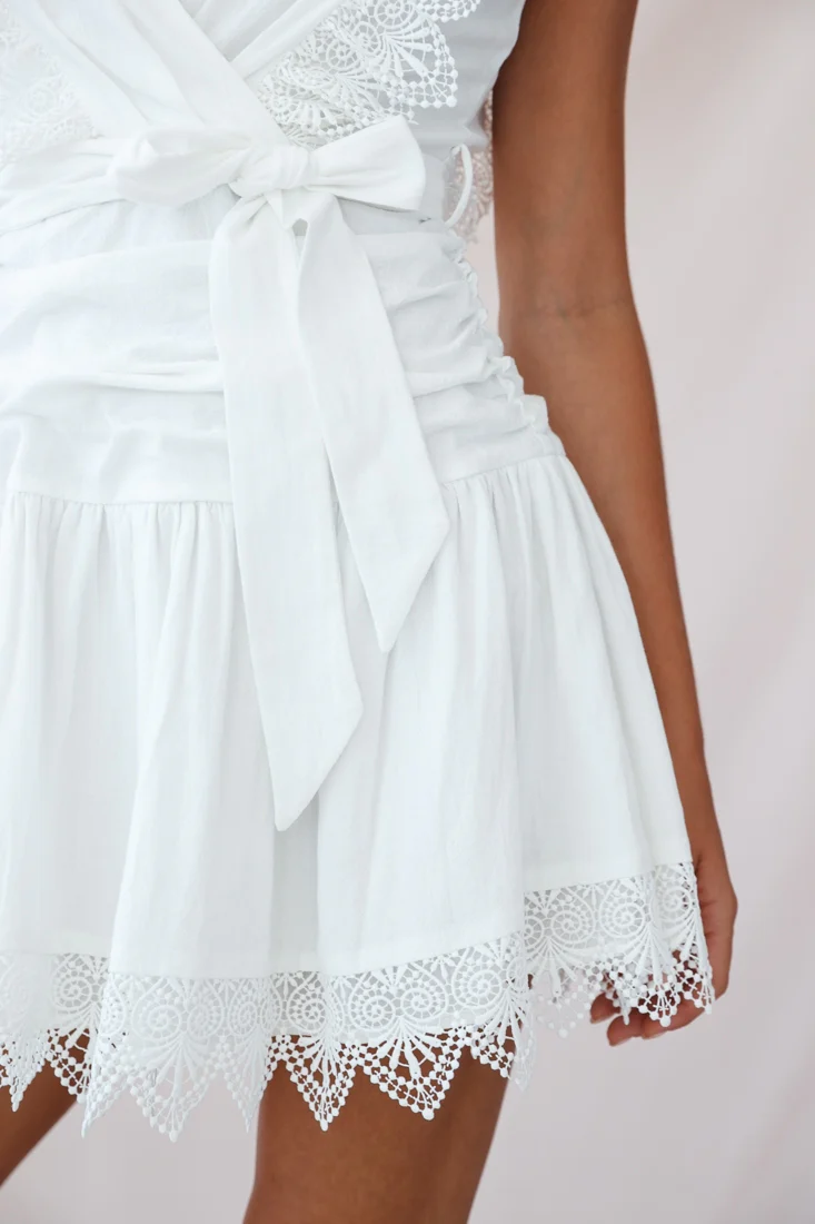 Juliet Gathered Detail Lace Trim Dress White