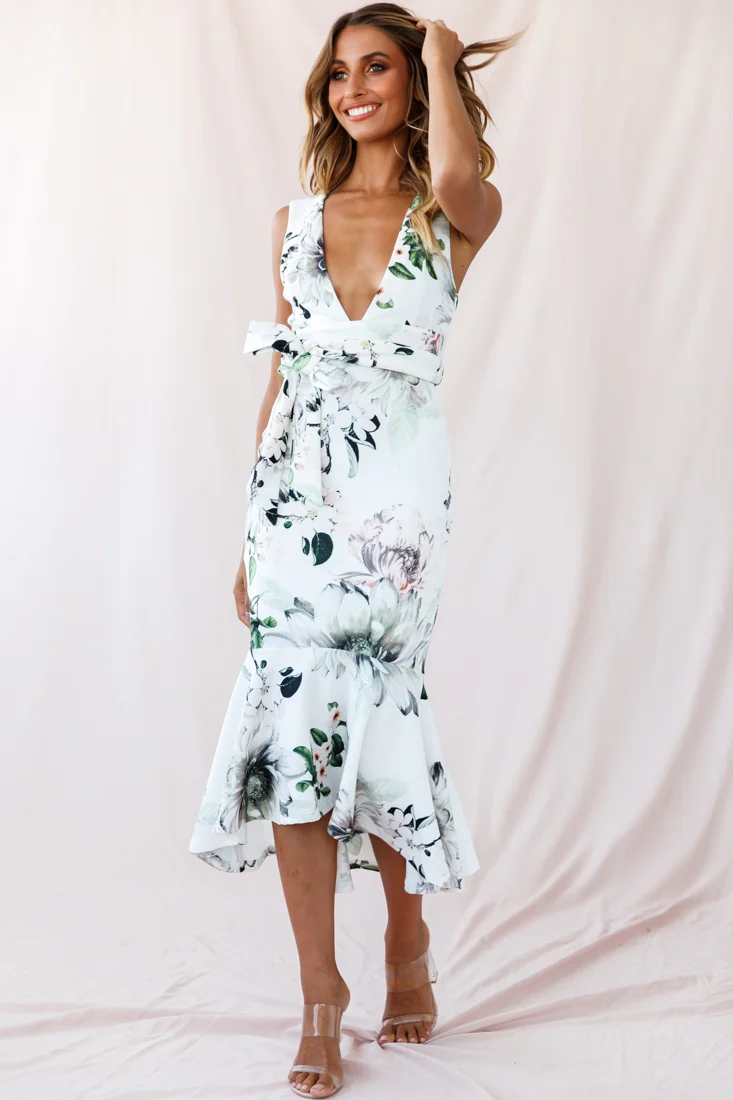 Sorry Not Sorry Wide Strap Flounce Floral Dress White