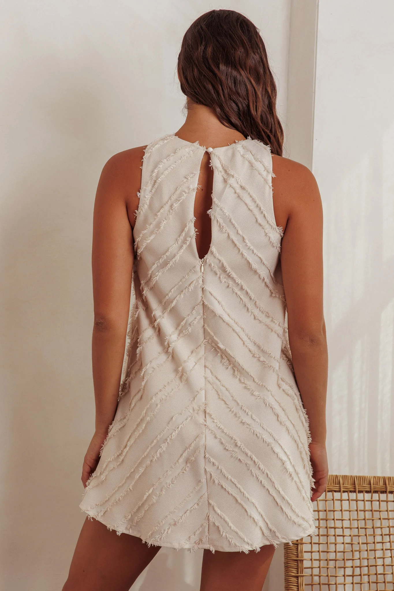 Caro Fringe Trim Shift Mini Dress Cream