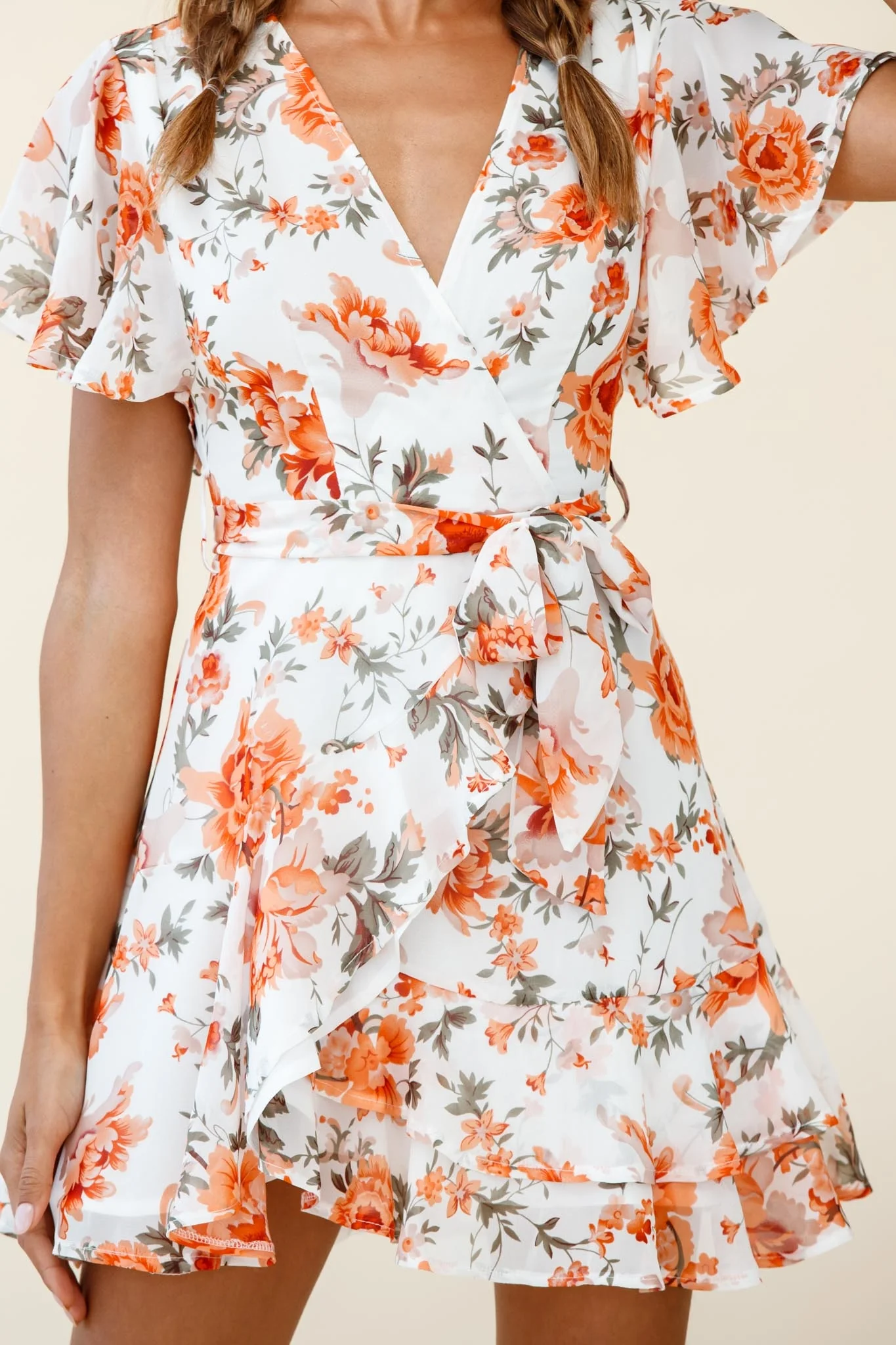 Cami Angel Sleeve Faux Wrap Dress Rose Print Orange