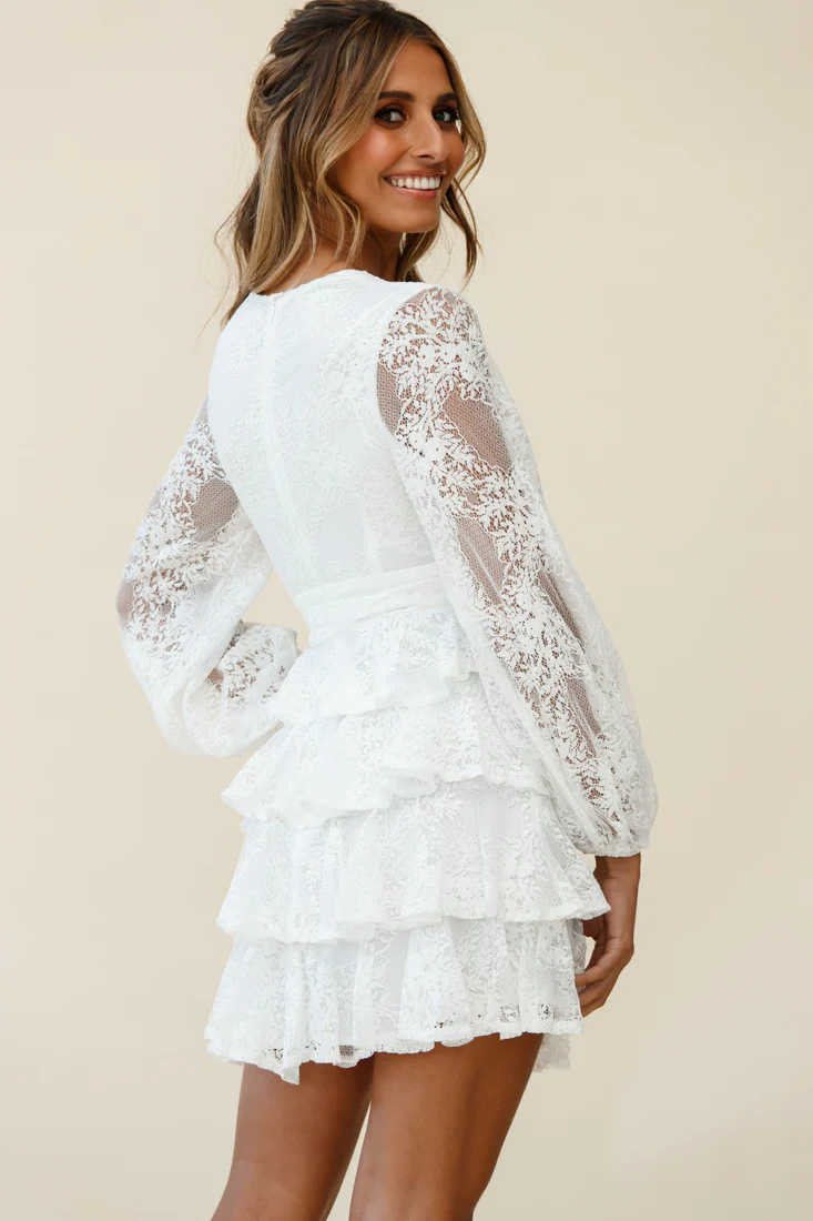 Queensland Balloon Sleeve Tiered Frill Lace Dress White