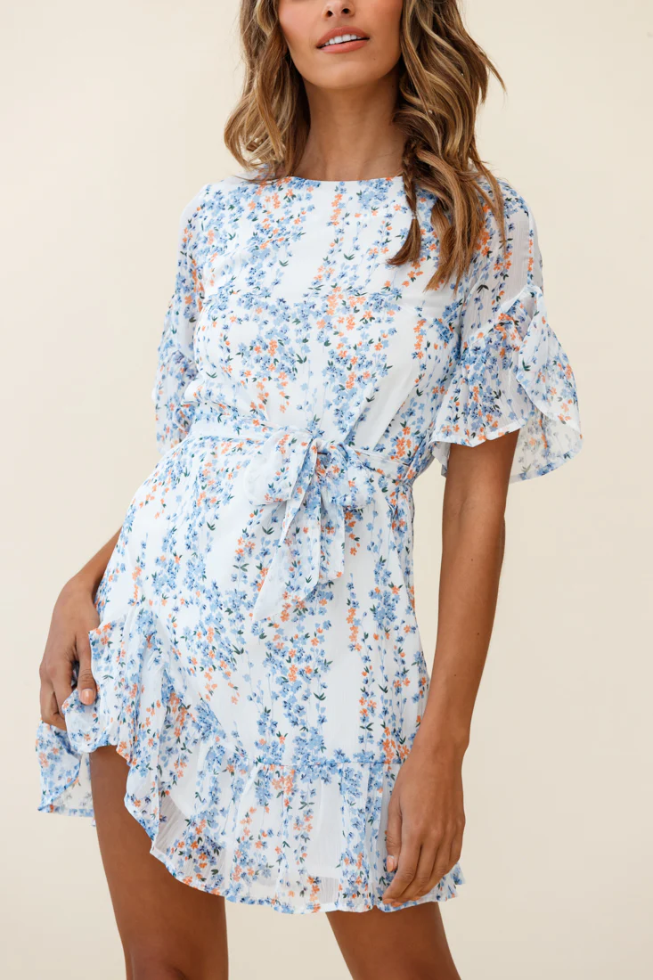 Azealia Ruffle Hem Dress Floral Spring Print White