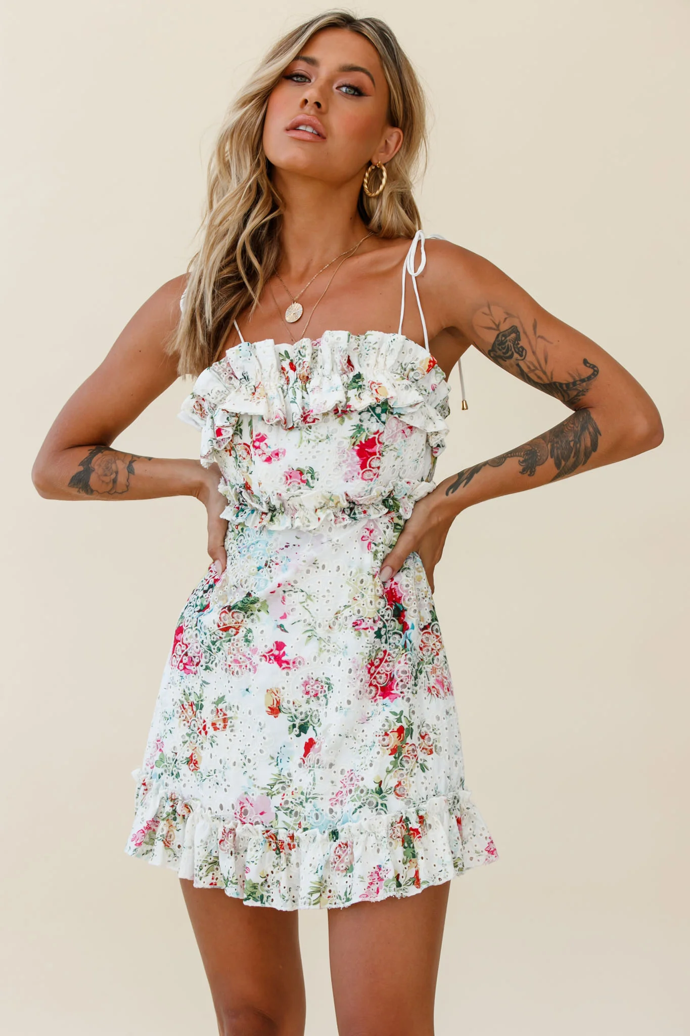 Frill Seeker Eyelet Embroidery Tied Back Dress Floral Print Multi