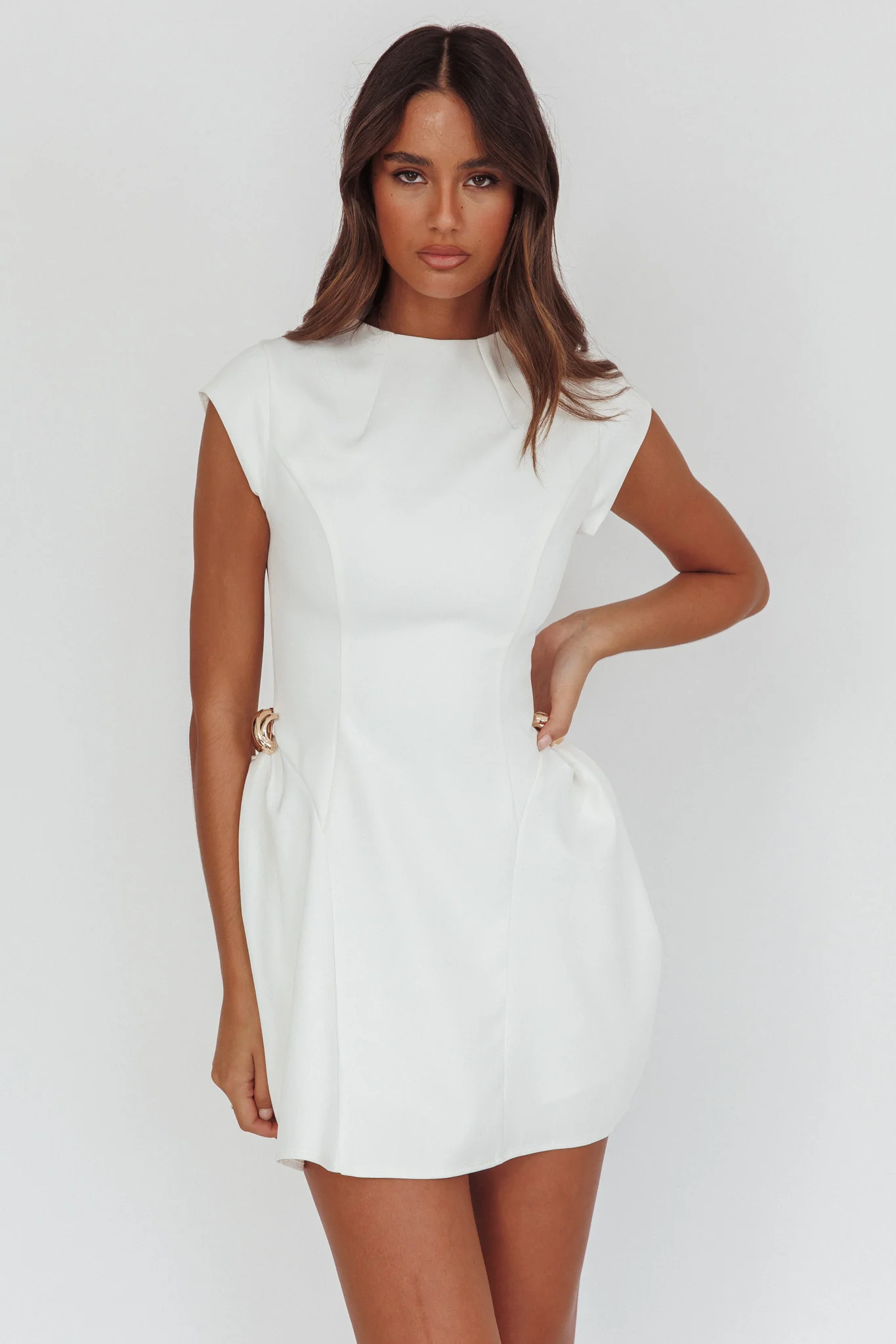 Girl Talks Cap Sleeve Puff Skirt Mini Dress Off White