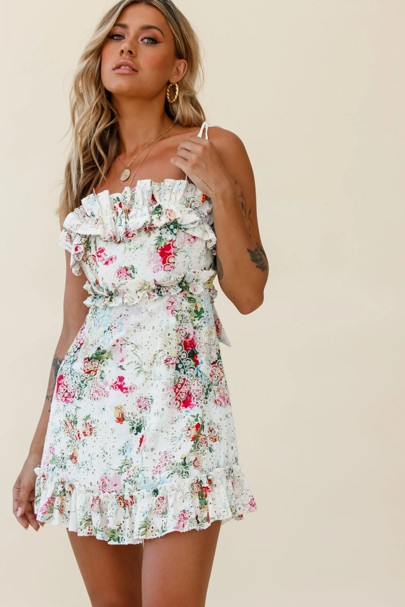 Frill Seeker Eyelet Embroidery Tied Back Dress Floral Print Multi