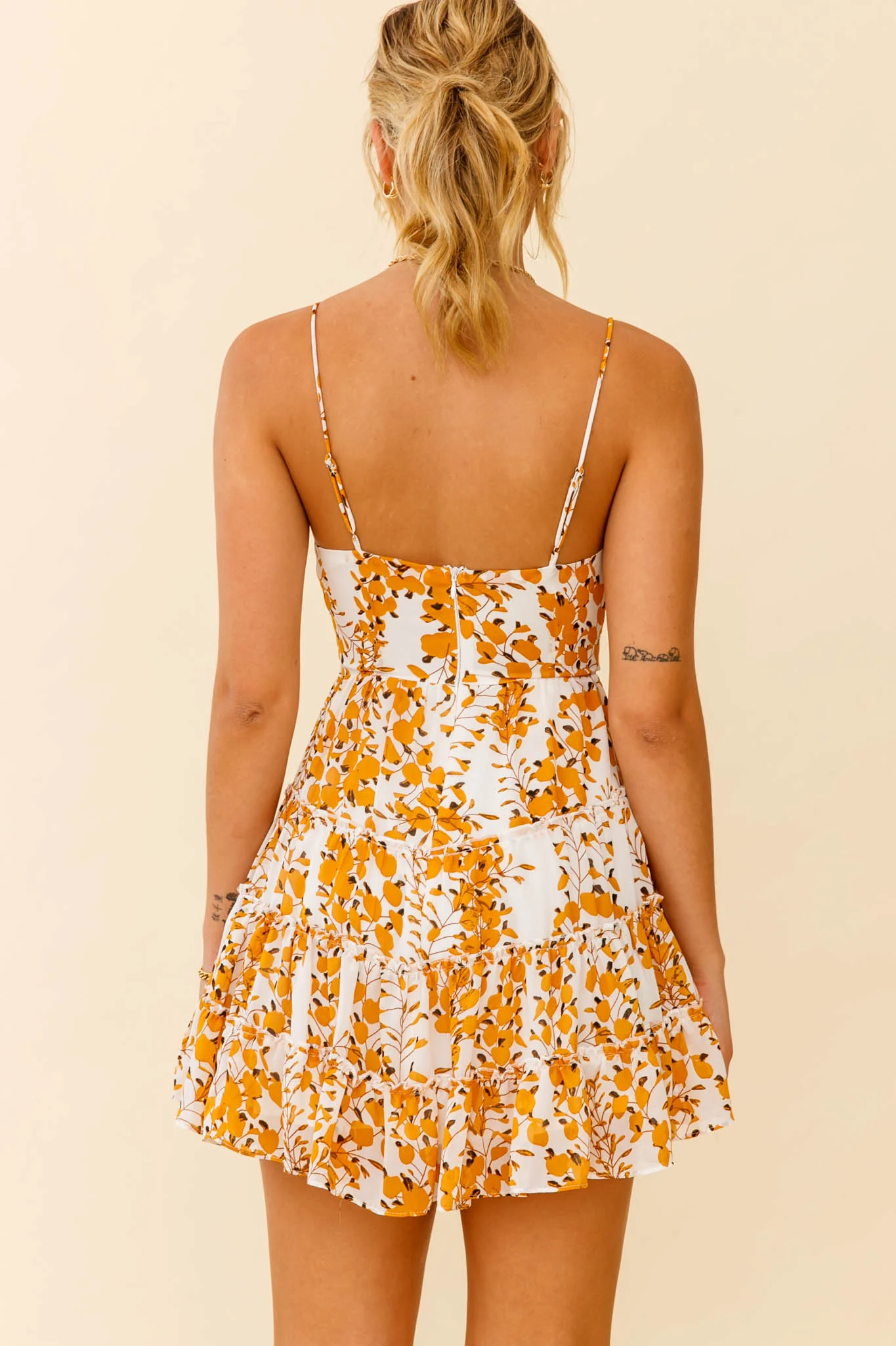 Jocelyn Cami Strap Waist Tie Ruffle Dress Floral Print Yellow