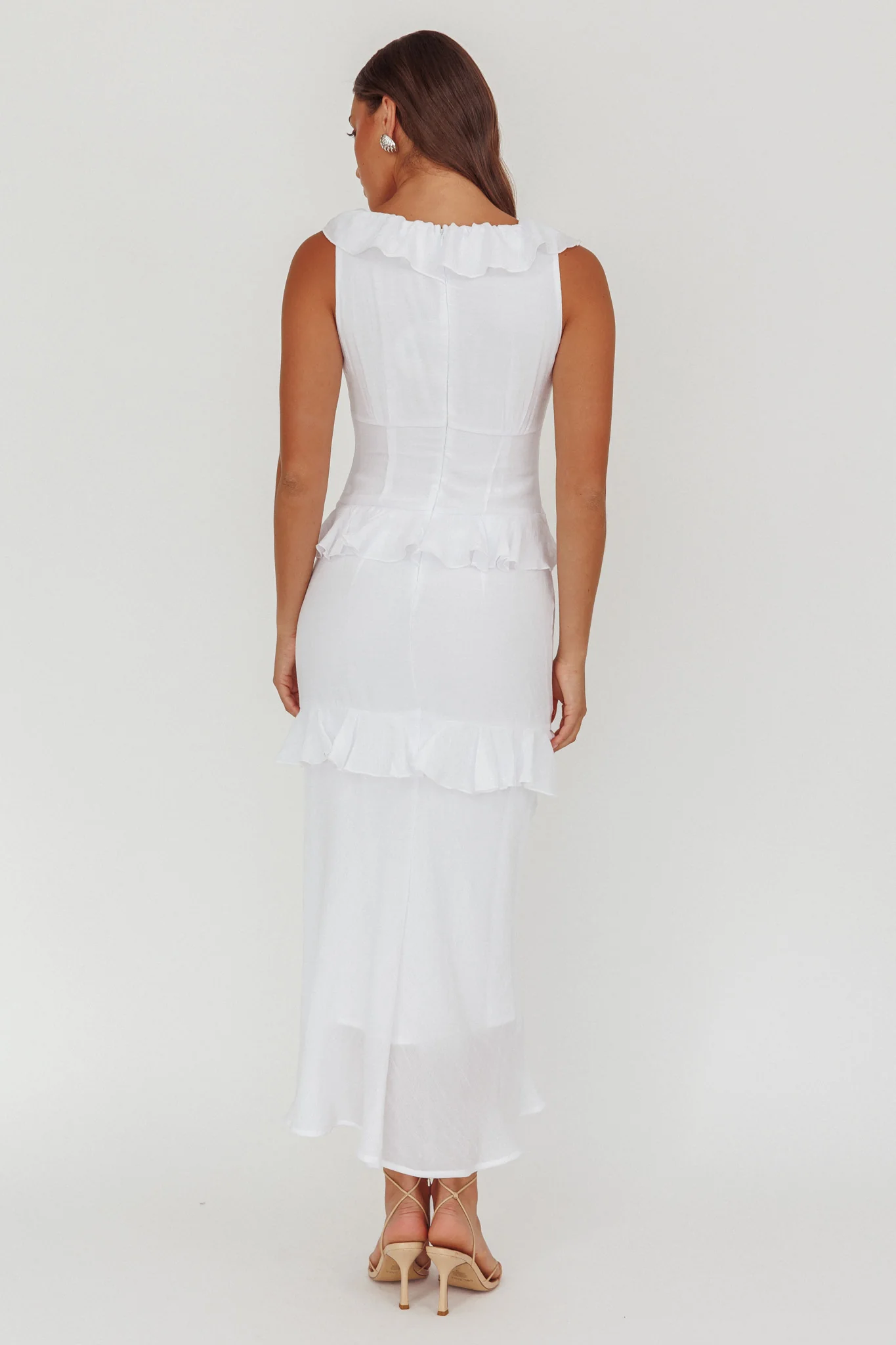 Arrabel Ruffle Trim Bust Tie Maxi Dress White