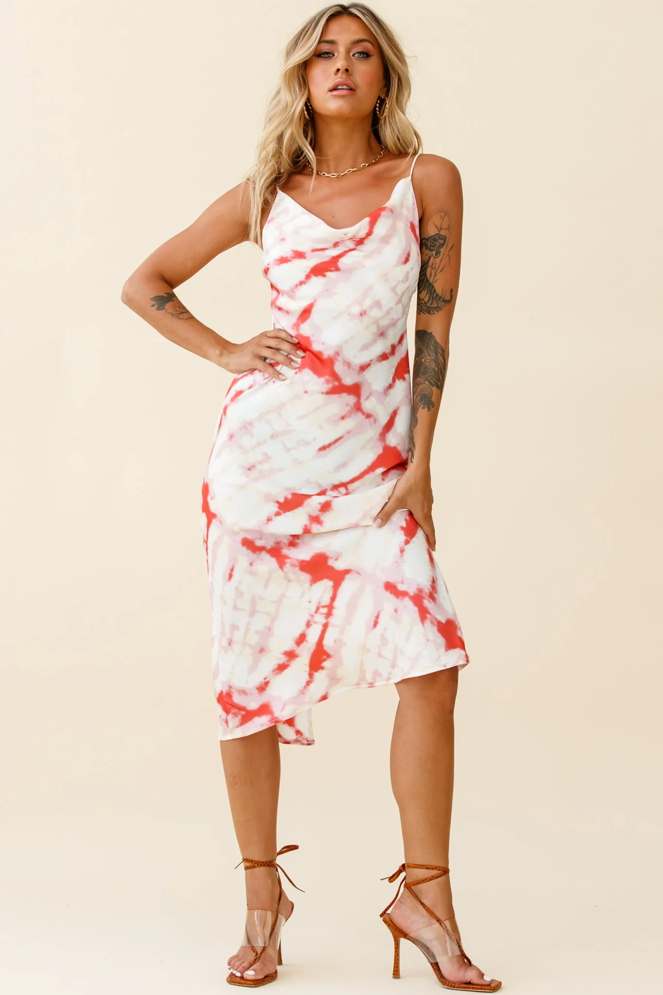 Show Me Love Cowl Neck Midi Dress Tie-Dye Red