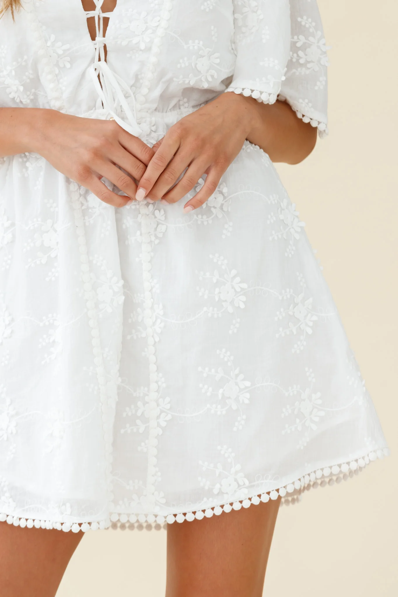 Esperanza Lace-Up Bust Floral Embroidery Dress White