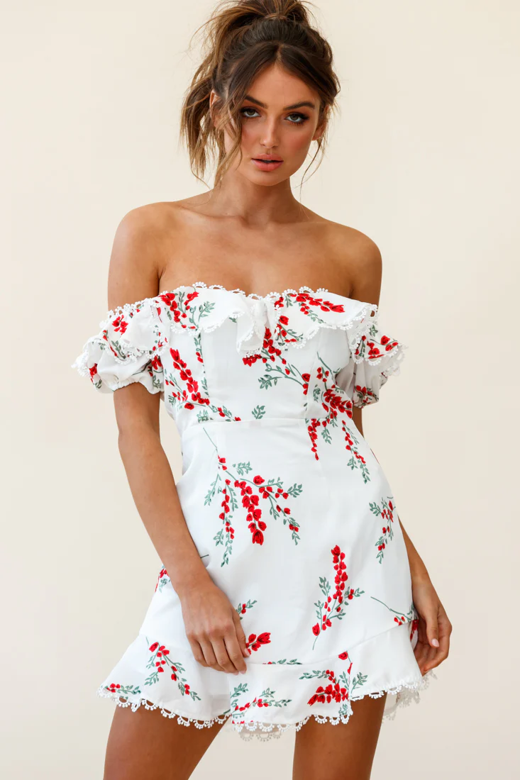 Bobby Bardot Neckline Puff Sleeve Dress Flower Spring Print White