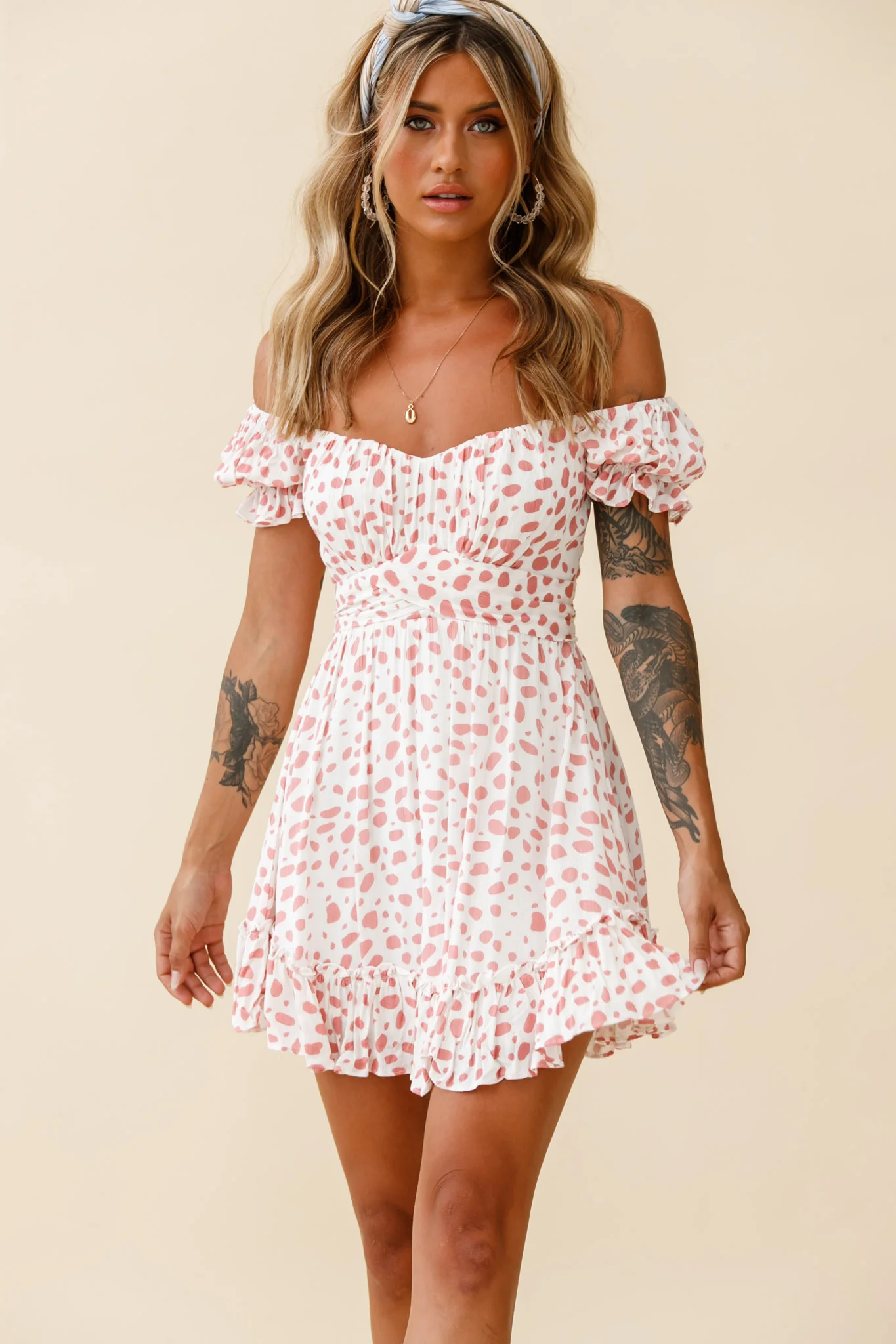 Linka Off-Shoulder Tie Back Dress Spot Print Pink/White