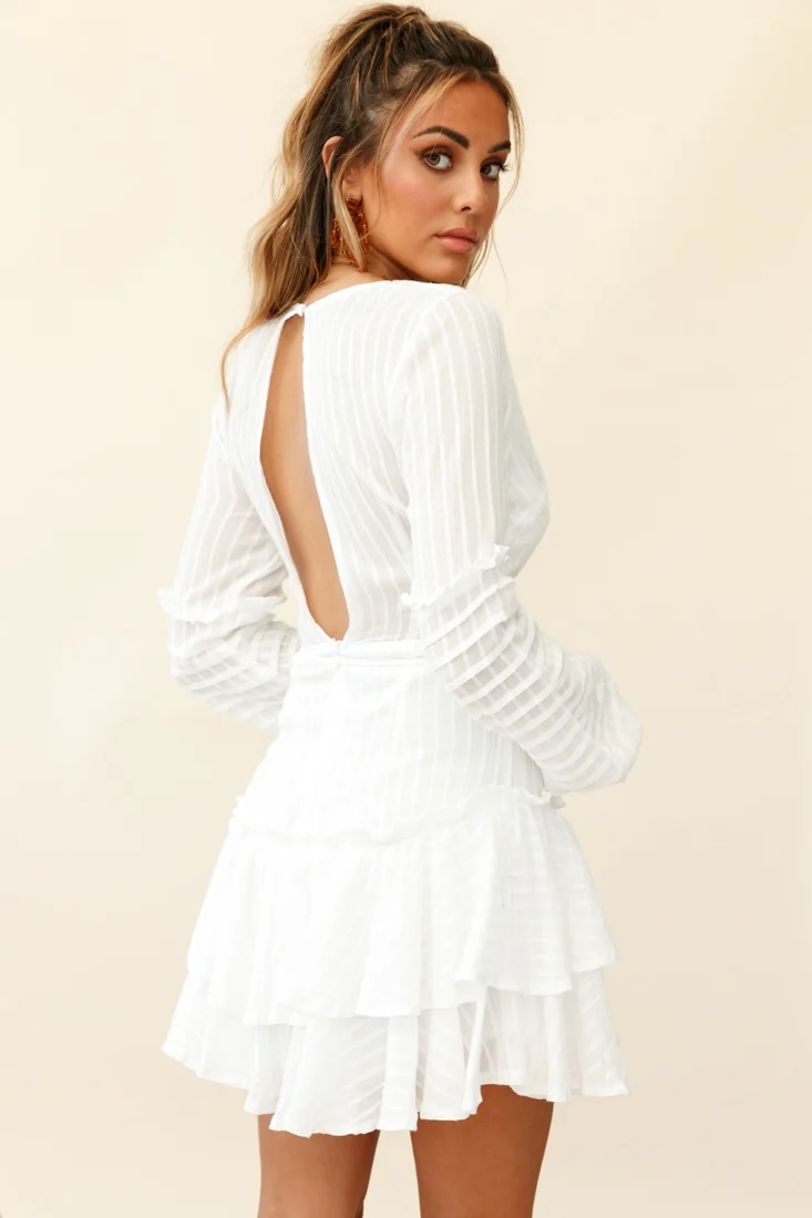 Neve Balloon Sleeve Layered Ruffle Hem Dress White