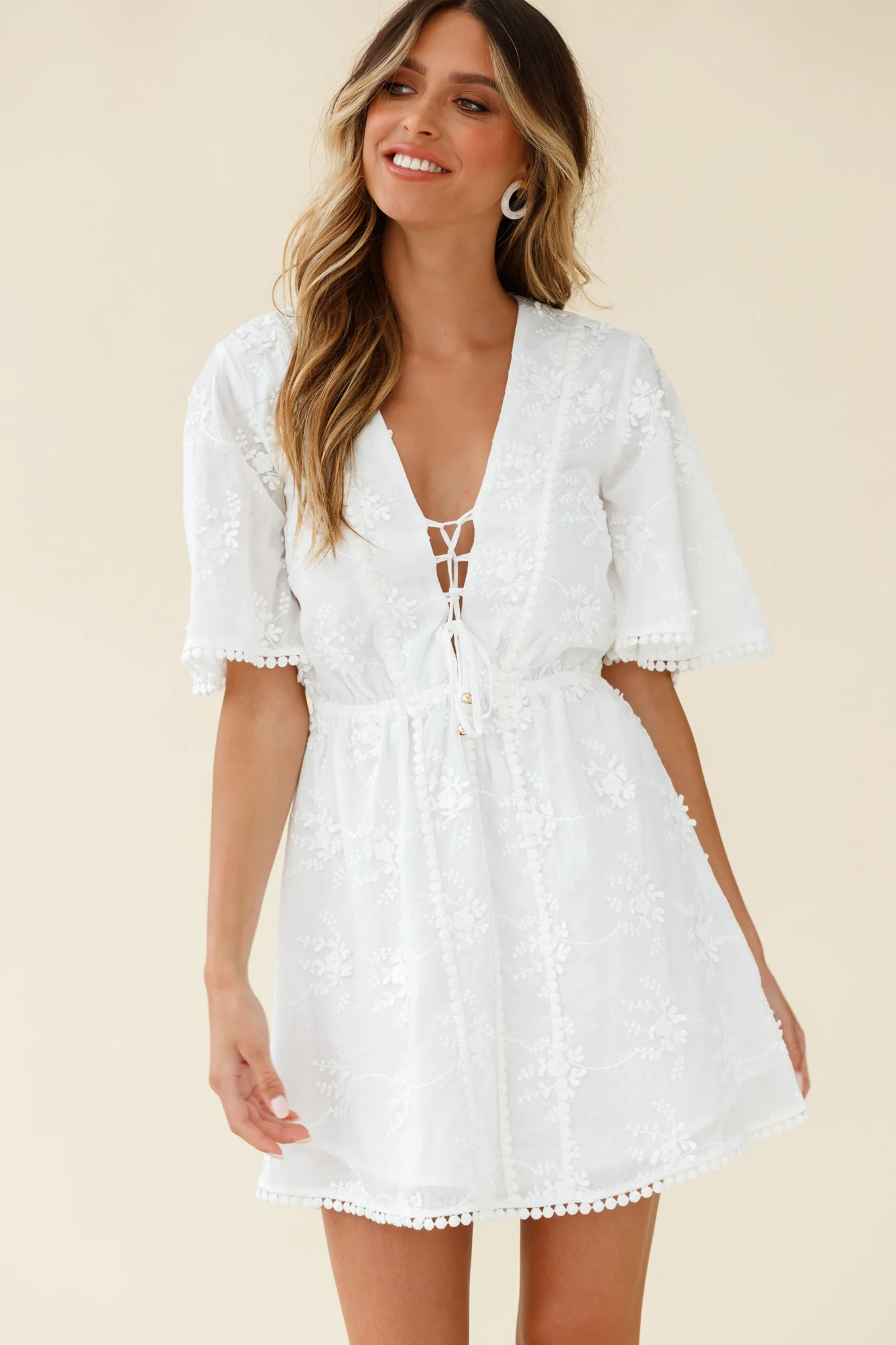 Esperanza Lace-Up Bust Floral Embroidery Dress White