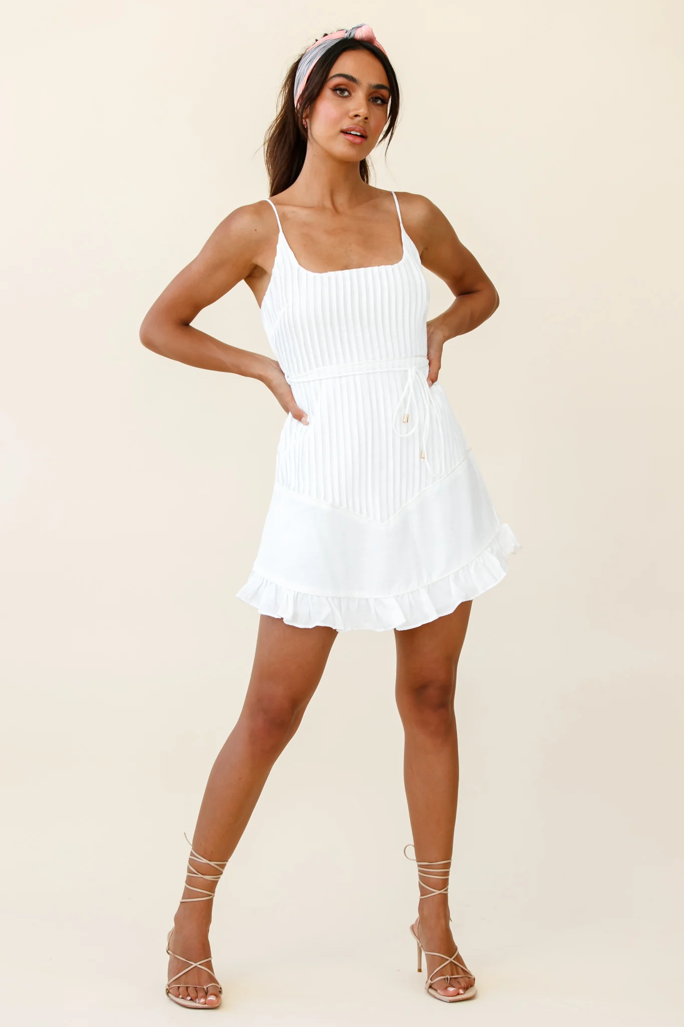 Charmed Pintuck Pleat Spaghetti Strap Dress White