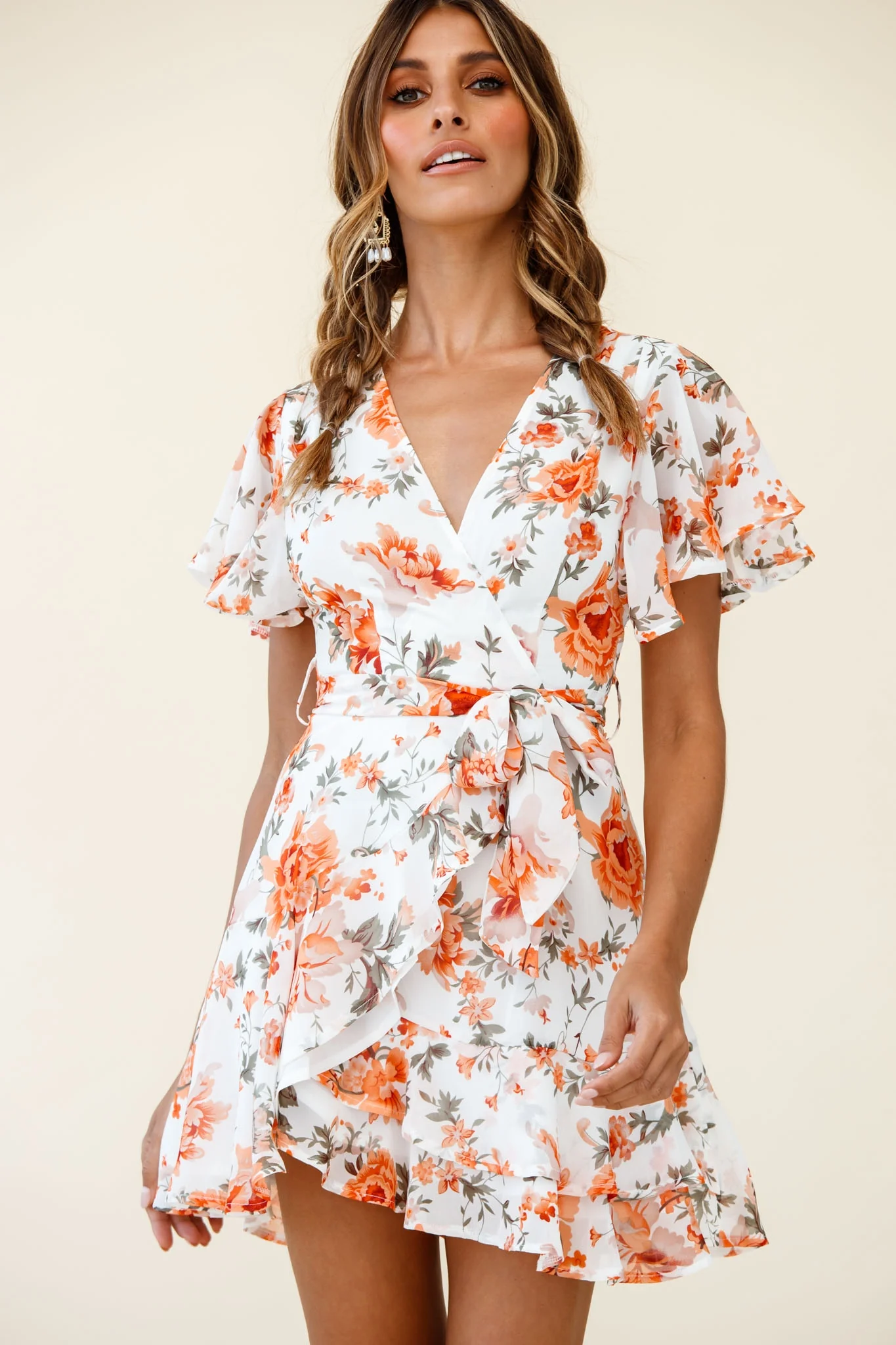 Cami Angel Sleeve Faux Wrap Dress Rose Print Orange