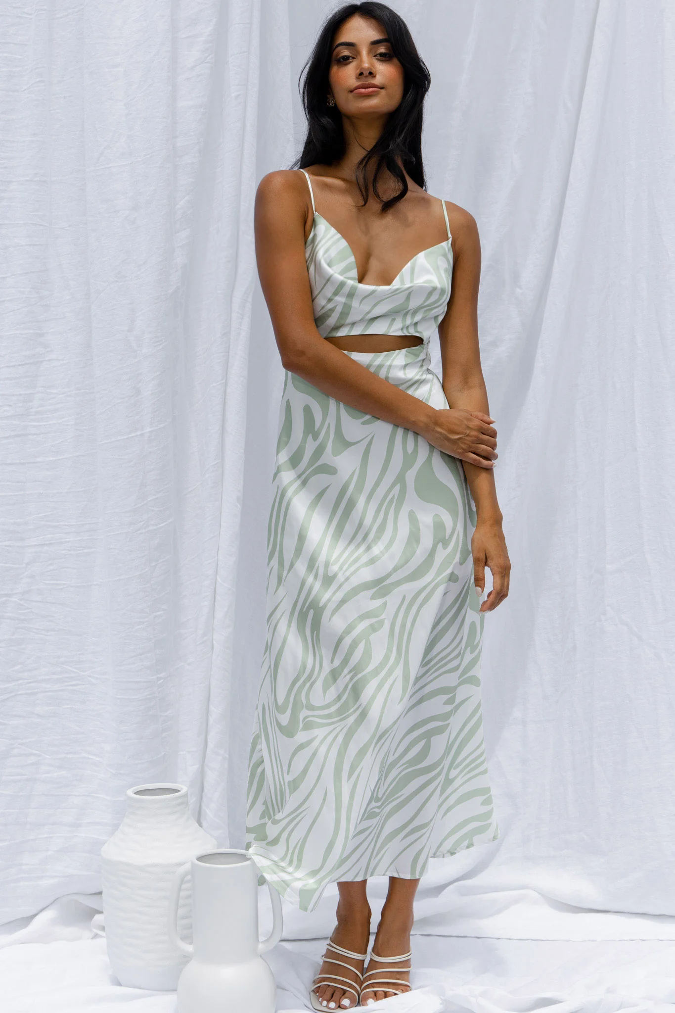 Jasper Cowl Neck Cut-Out Drawstring Back Midi Dress Zebra Print Lime