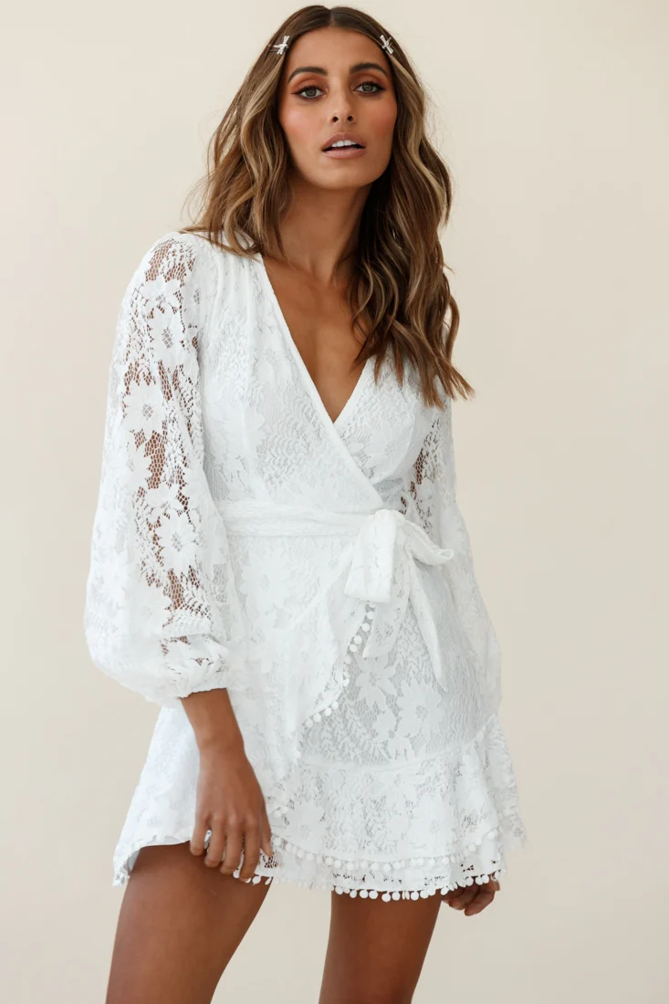 Cami Balloon Sleeve Faux Wrap Dress Lace White