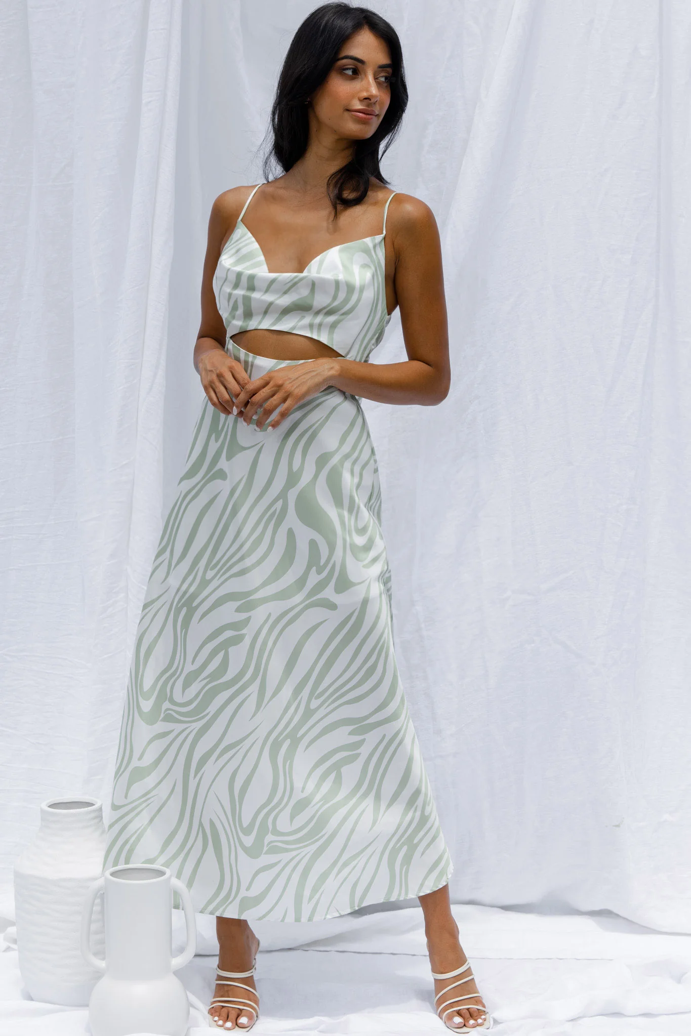 Jasper Cowl Neck Cut-Out Drawstring Back Midi Dress Zebra Print Lime