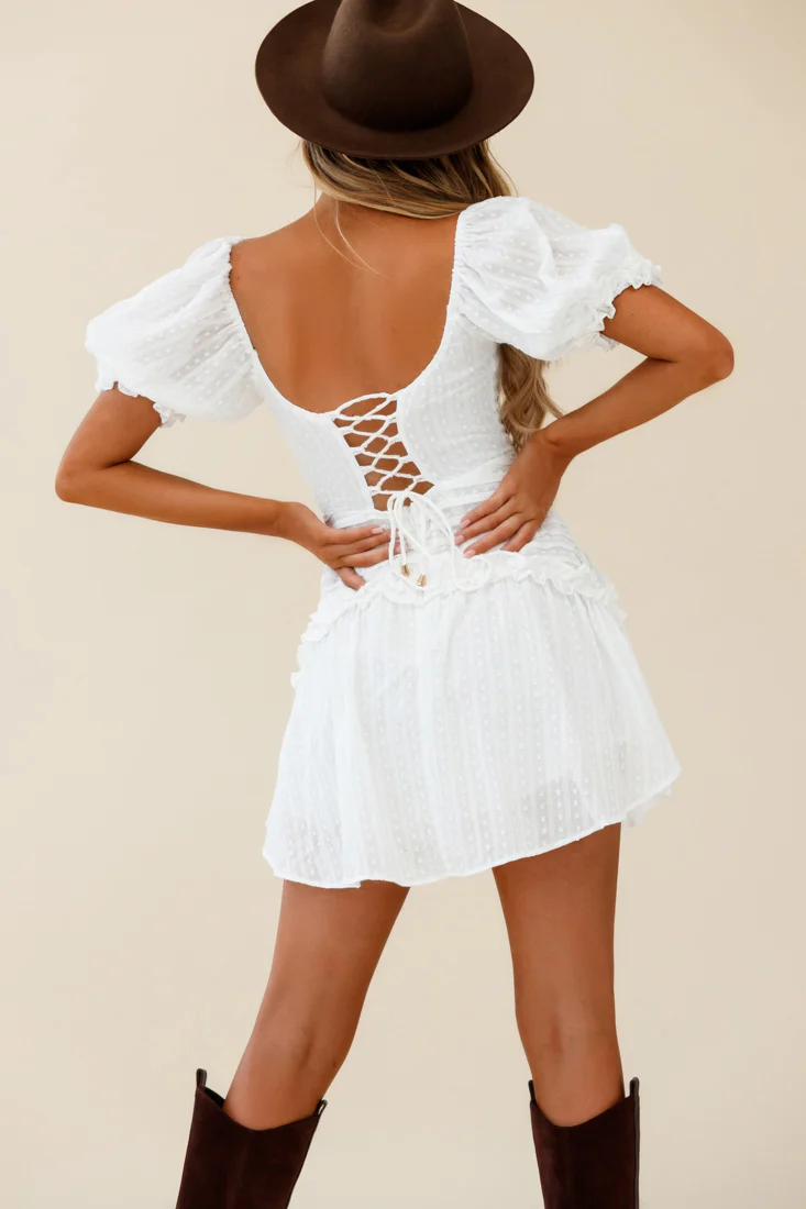 Sunshine Lane Milkmaid Sleeve Lace-up Back Dress White