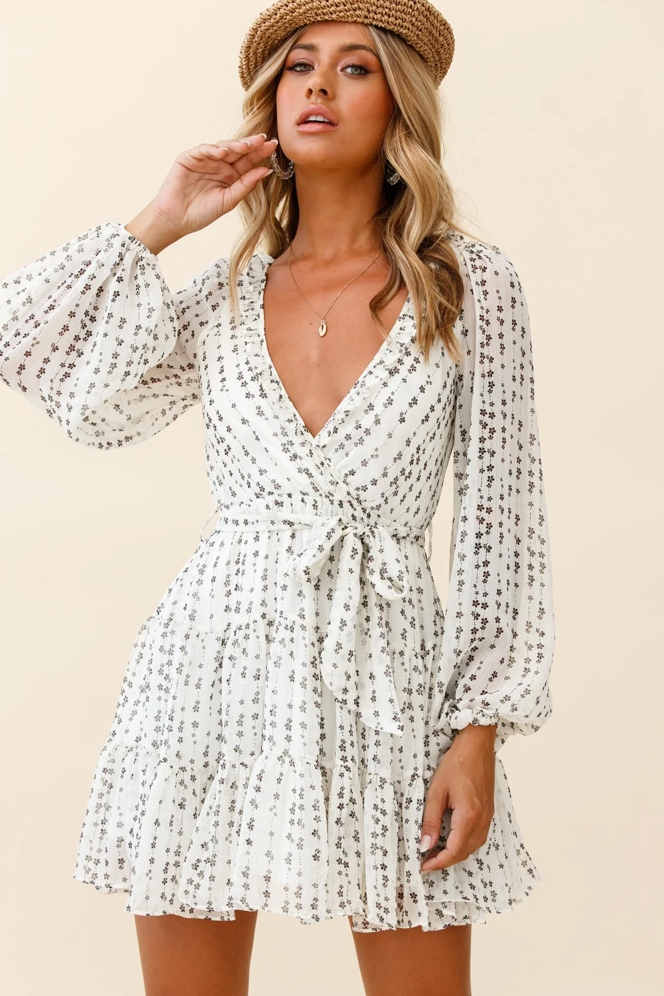 Floating On Clouds Long Sleeve Frill Trim Dress Floral Print White