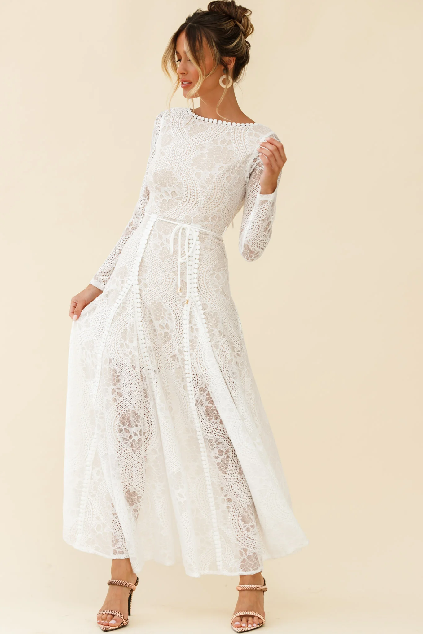 Palm Springs Long Sleeve Lace Overlay Maxi Dress White