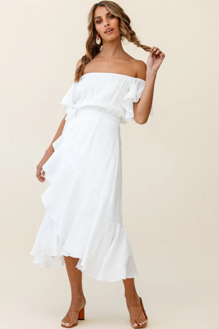 Bettina Bardot Neckline Faux-Wrap Midi Dress White