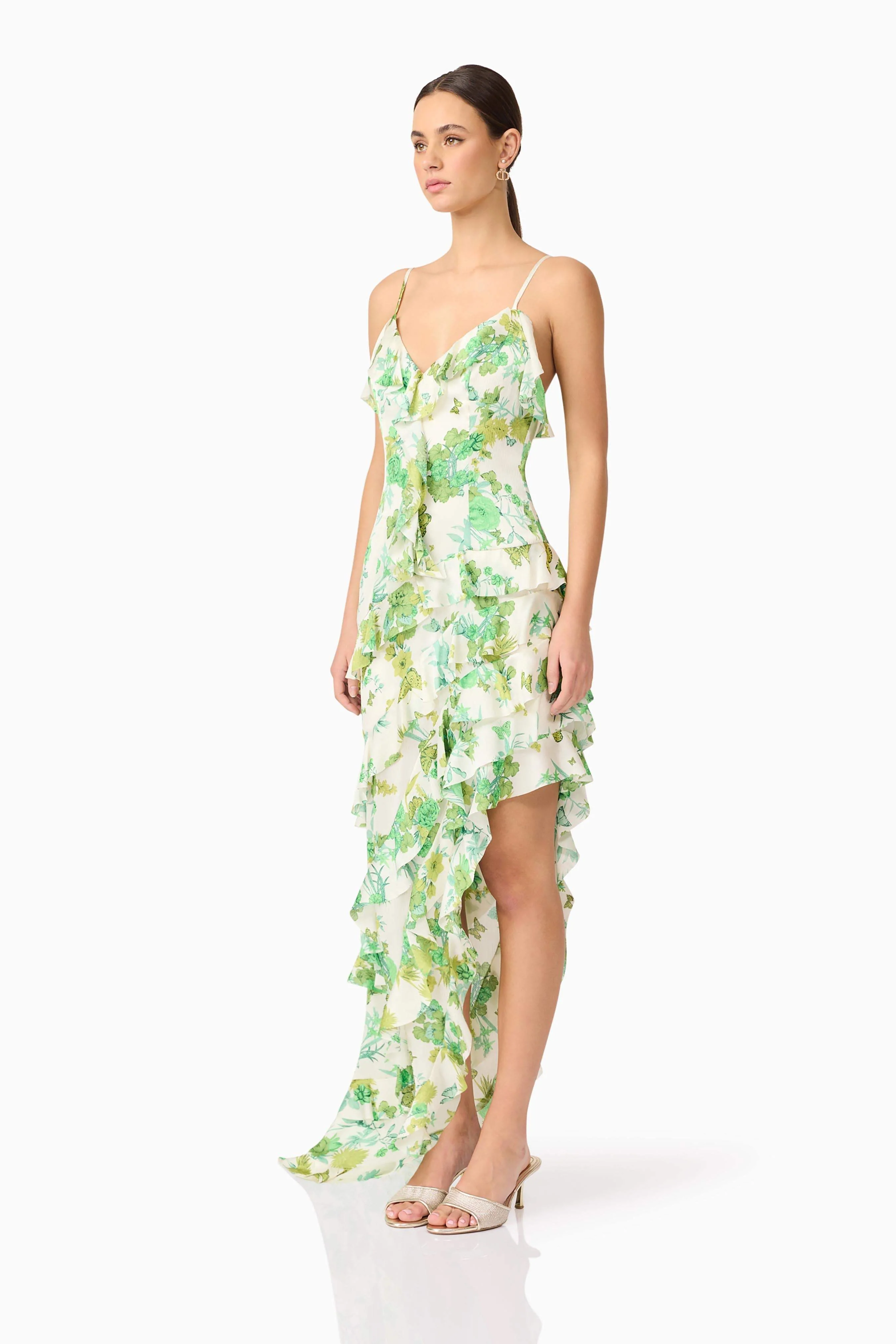 Tess Floral Asymmetrical Maxi Dress in Green