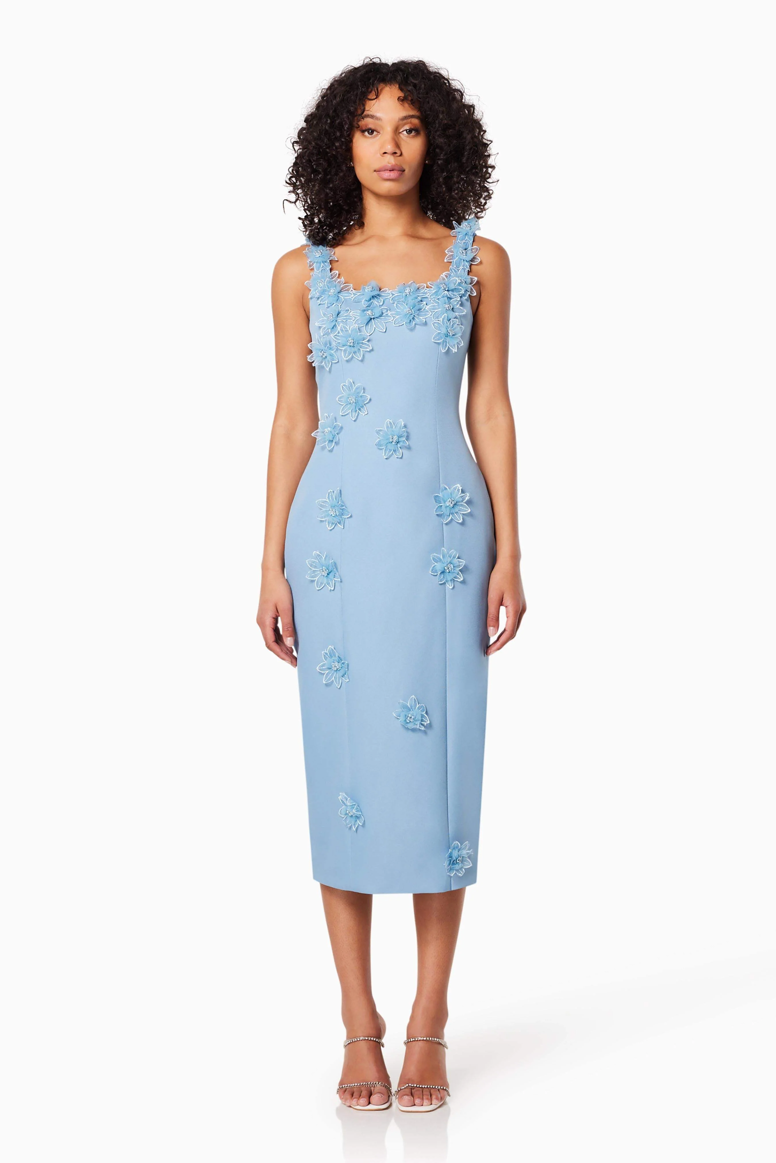Prague 3D Floral Midi Dress In Blue