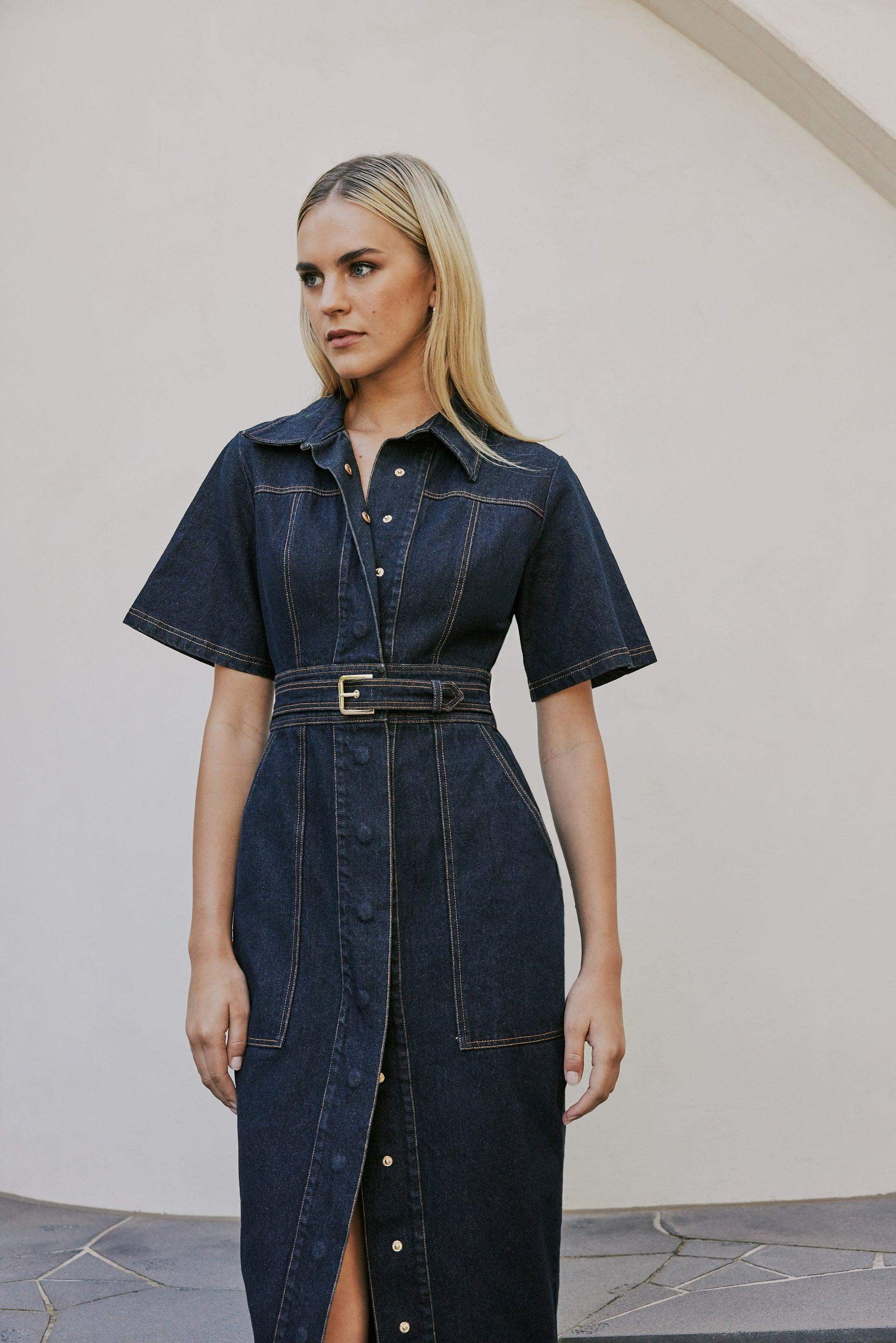 CURAAE Elysia Midi Shirt Belt Denim Dress