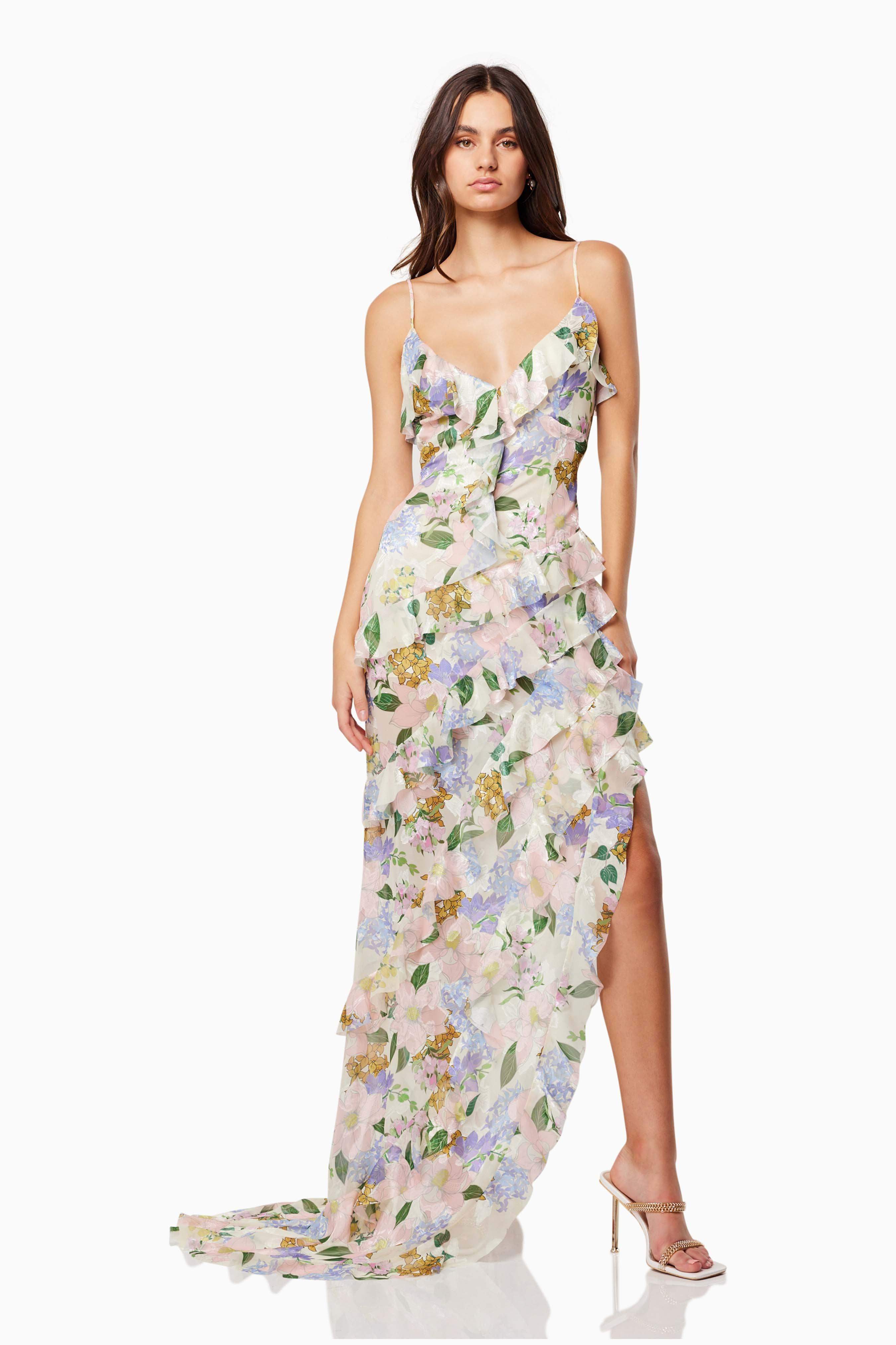 Cosima Asymmetrical Gown In Florals