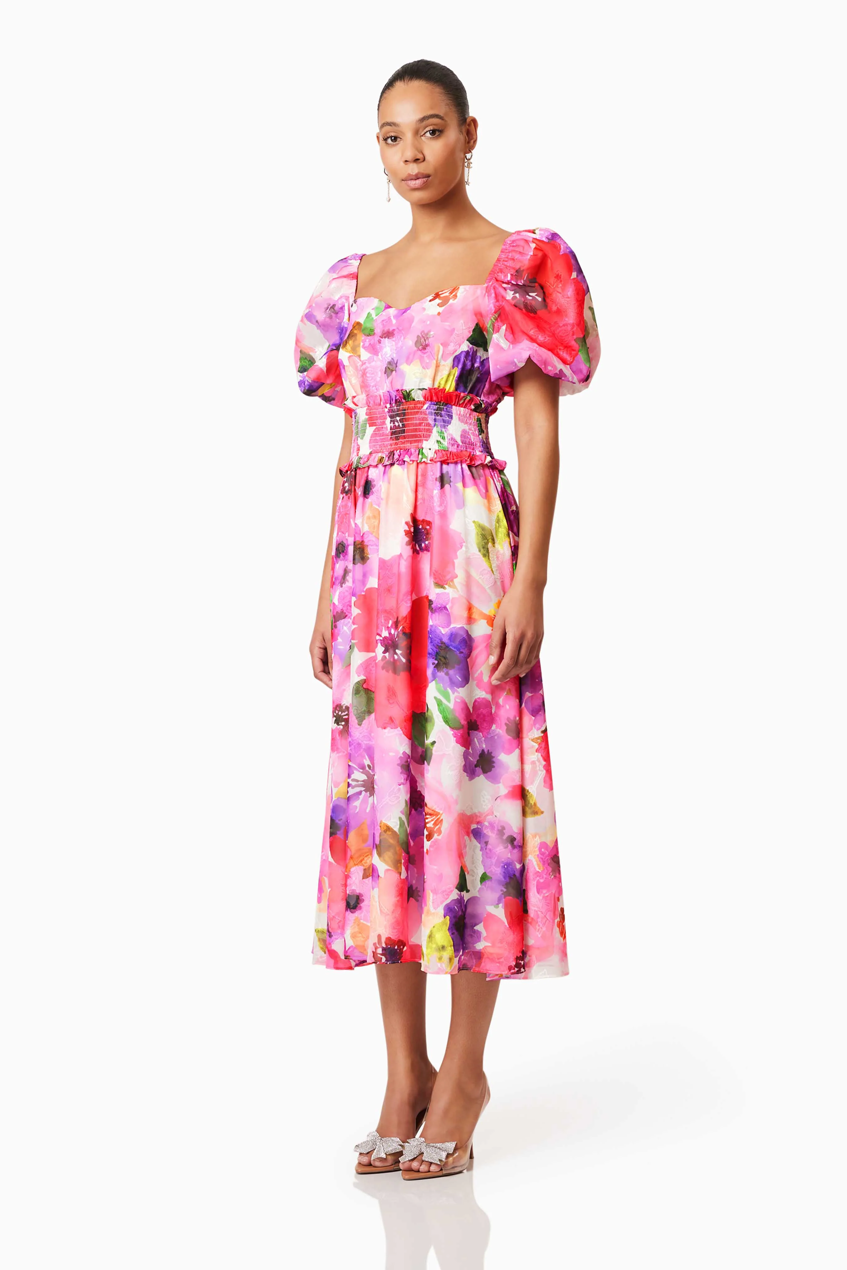 Darra Puff Sleeve Midi Dress in Floral